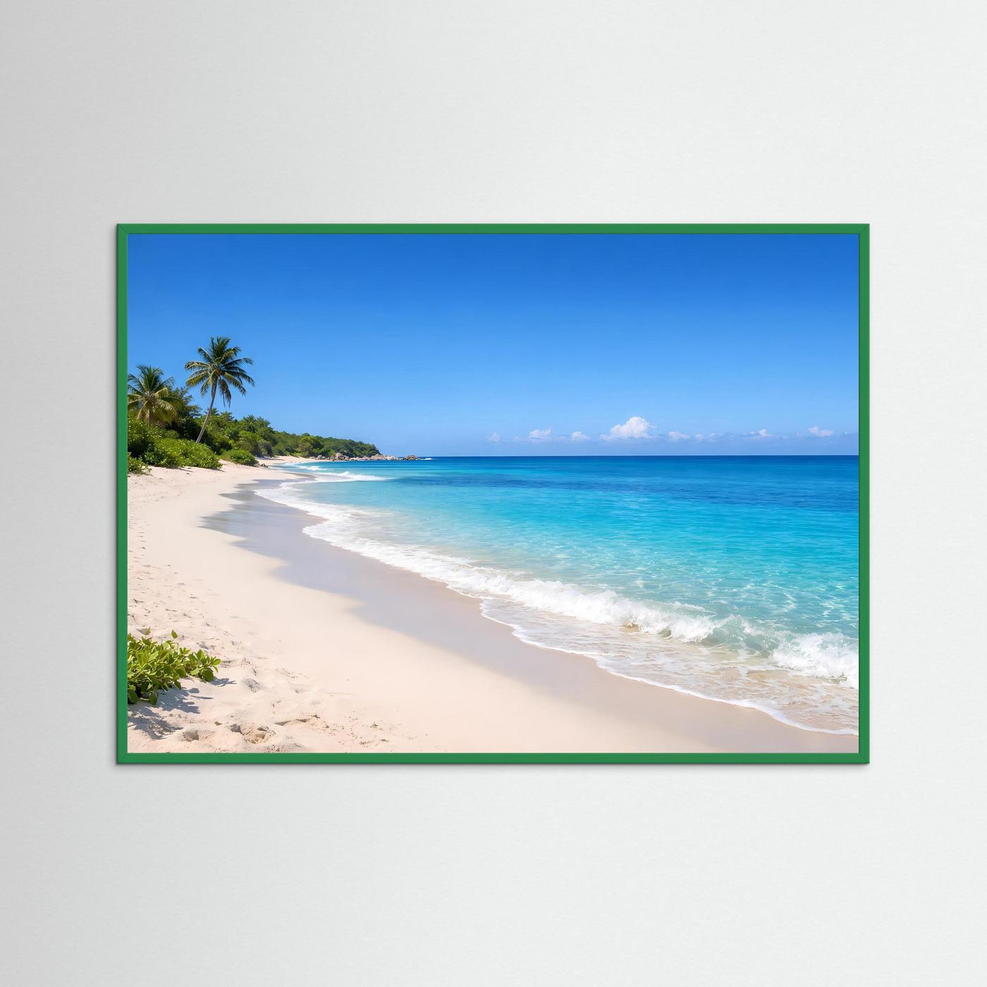 Strand-Panorama-Poster mit grünem Rahmen: türkisfarbenes Meer, Sandstrand und Palmen