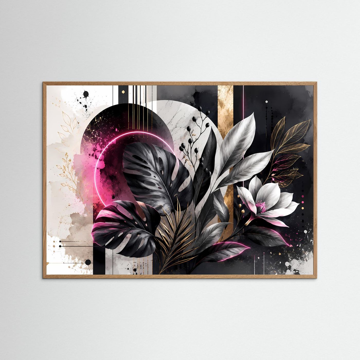 Abstrakte Botanik in Schwarz, Weiß & Pink | Monstera mit Neon & Gold – Moderne Wandkunst