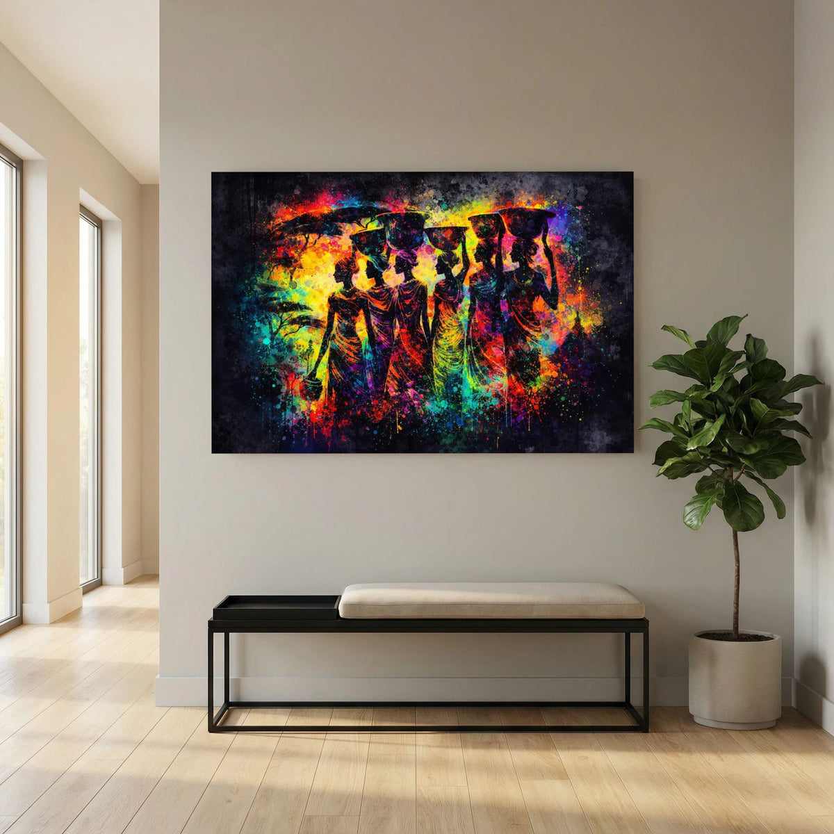 Gerahmtes Wandbild mit Farbexplosionsmotiv afrikanischer Frauen, querformat