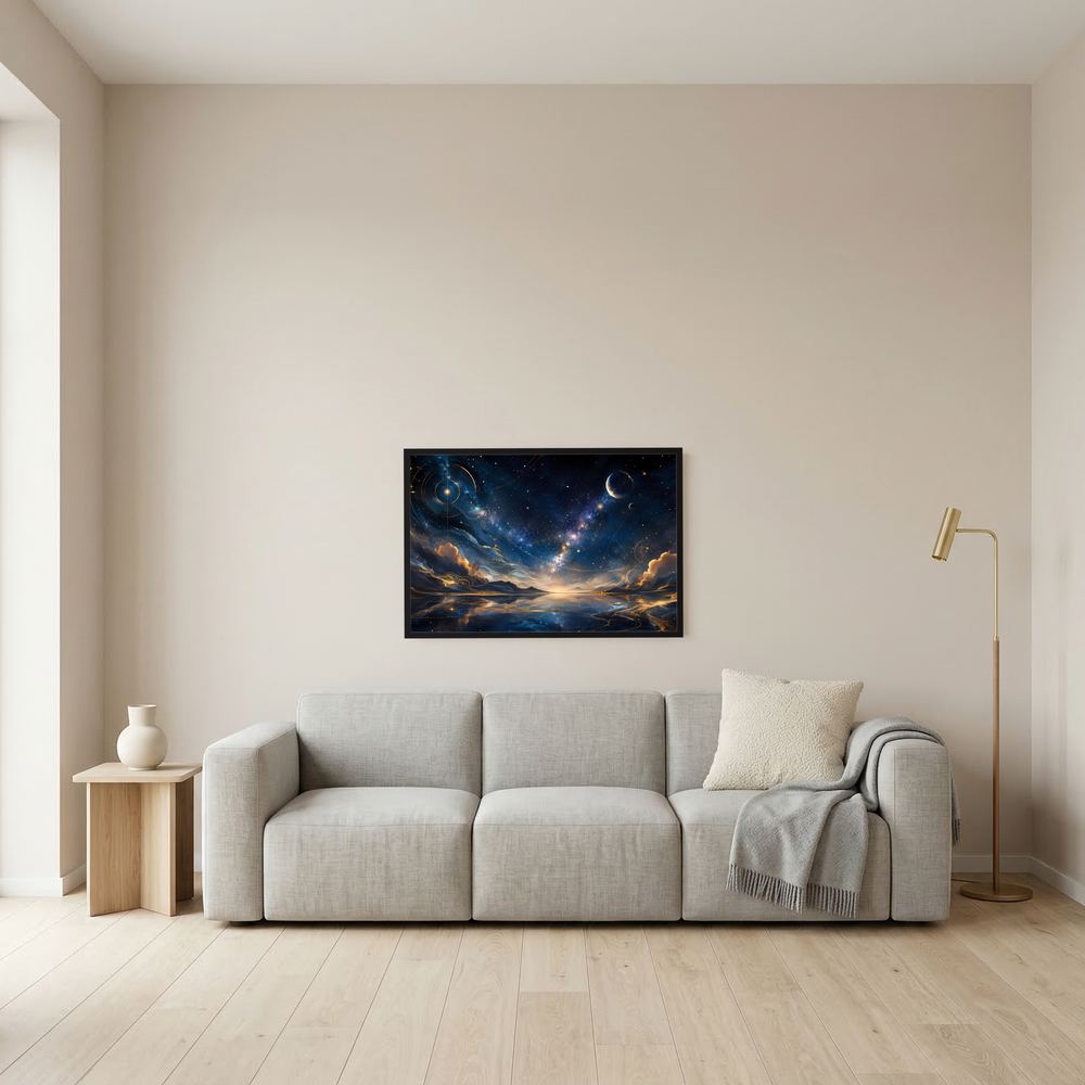 Wandkunst mit Sternen und Planeten in Blau und Gold, Querformat, im dunklen Rahmen