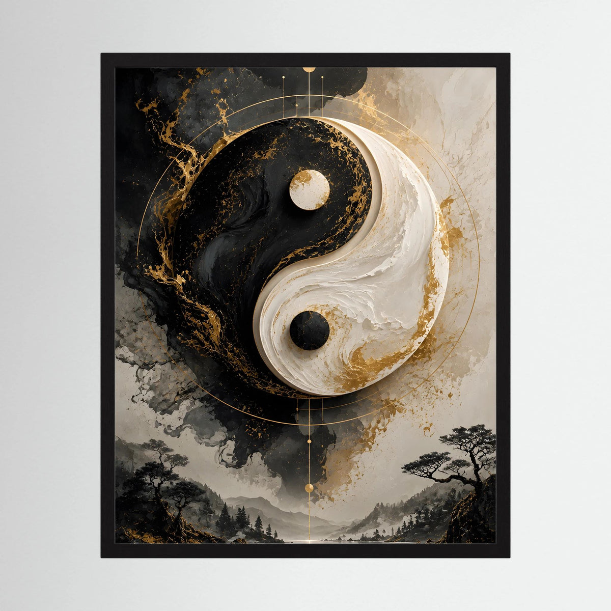Hochformat-Poster gerahmt: Yin-Yang in Schwarz und Gold über Berglandschaft