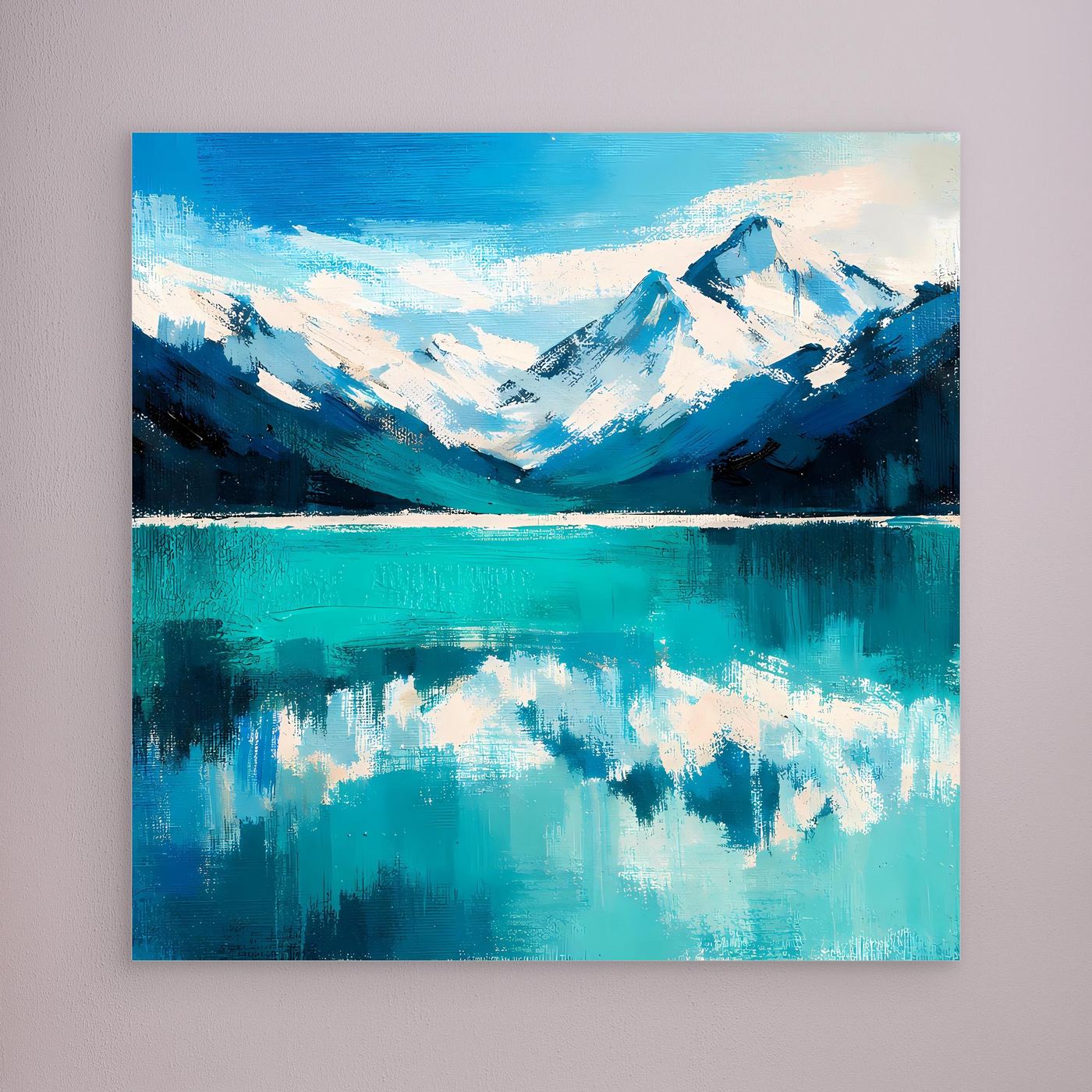 Leinwand Abstraktes Bergsee Gemälde | Modernes Alpines Wandbild Türkis Blau