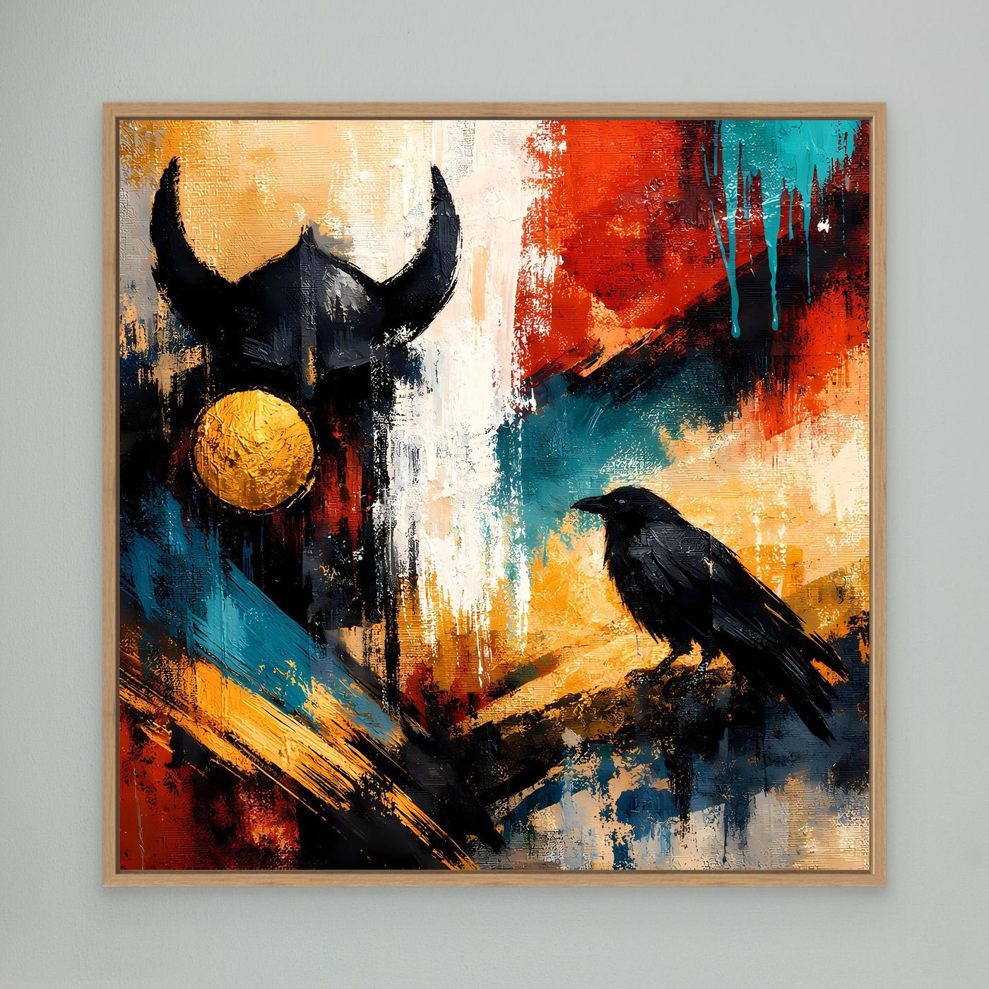 Abstraktes Odin-und-Rabe-Leinwandbild mit hellem Holzrahmen, Odin, Rabe und goldene Kugel
