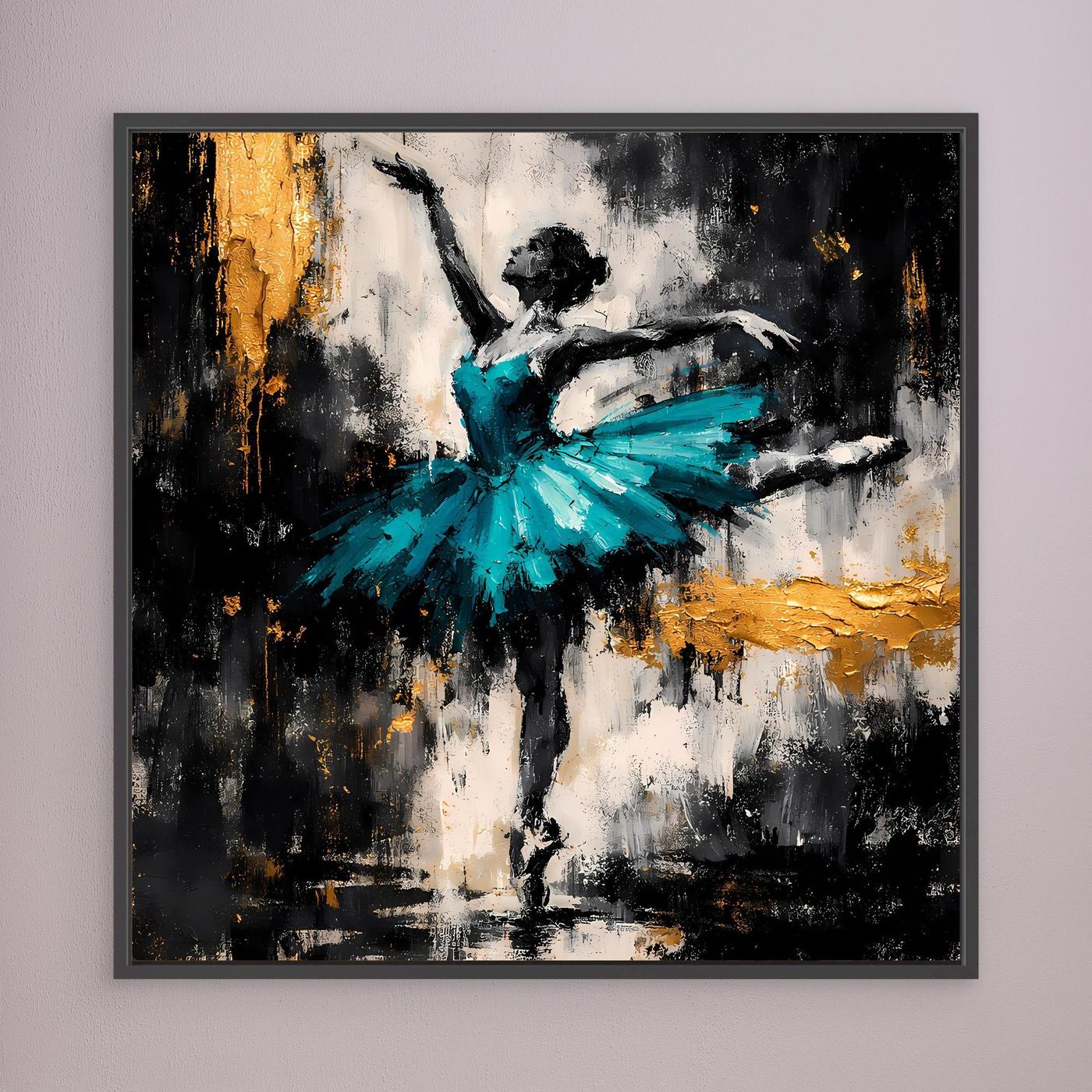 Leinwand Abstrakte Ballerina in Türkis und Gold | Modernes Ballett Wandbild mit Tanz-Motiv