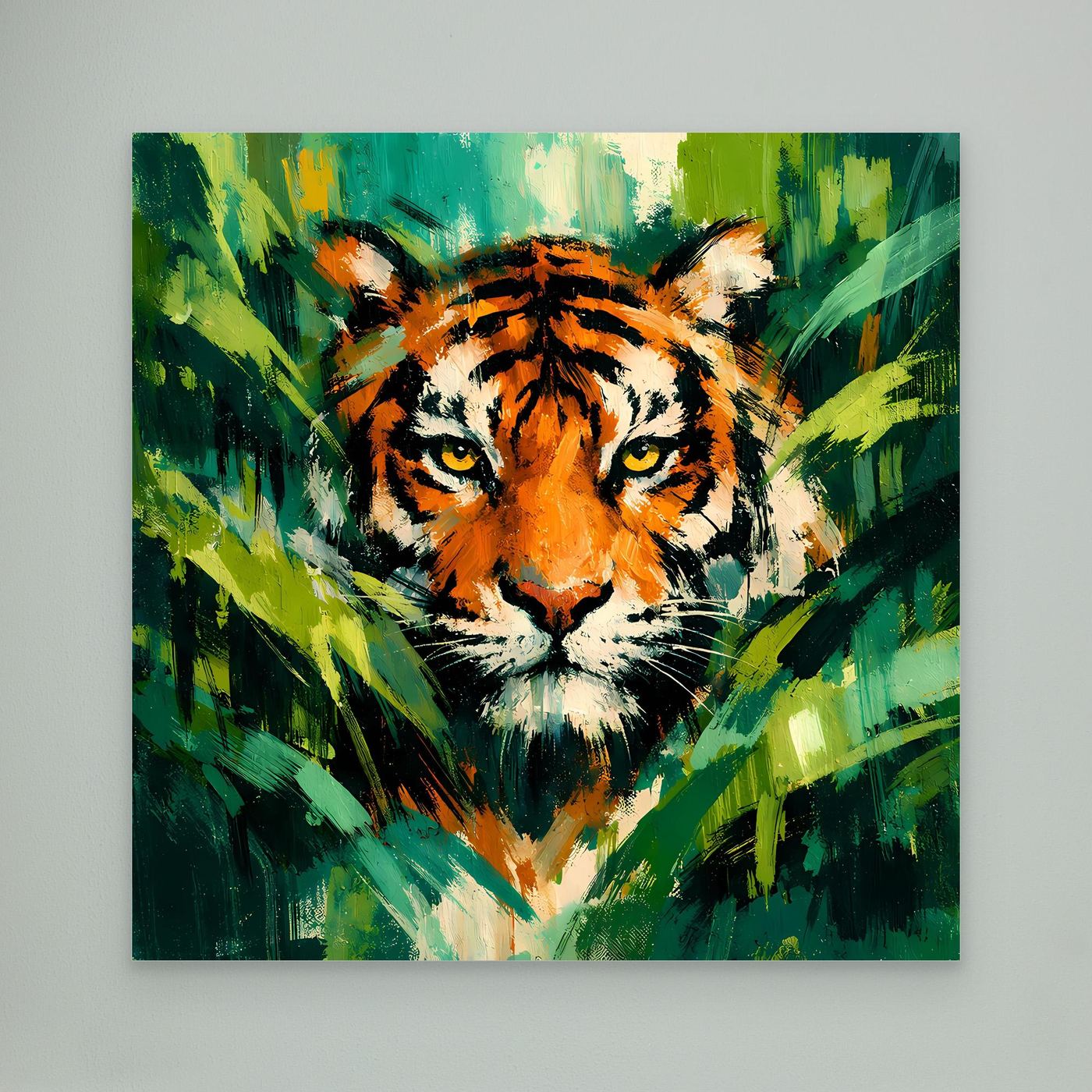 Leinwand Abstraktes Tiger Gemälde | Modernes Wandbild Raubkatze Dschungel Grün Orange