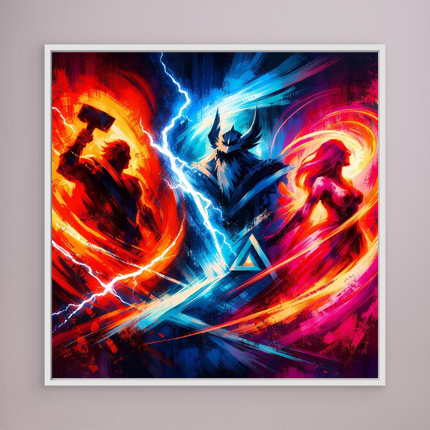 Neon-Fantasy-Leinwandbild im weißen Rahmen, mittig: blaue Blitzachse, rote Feuerwirbel