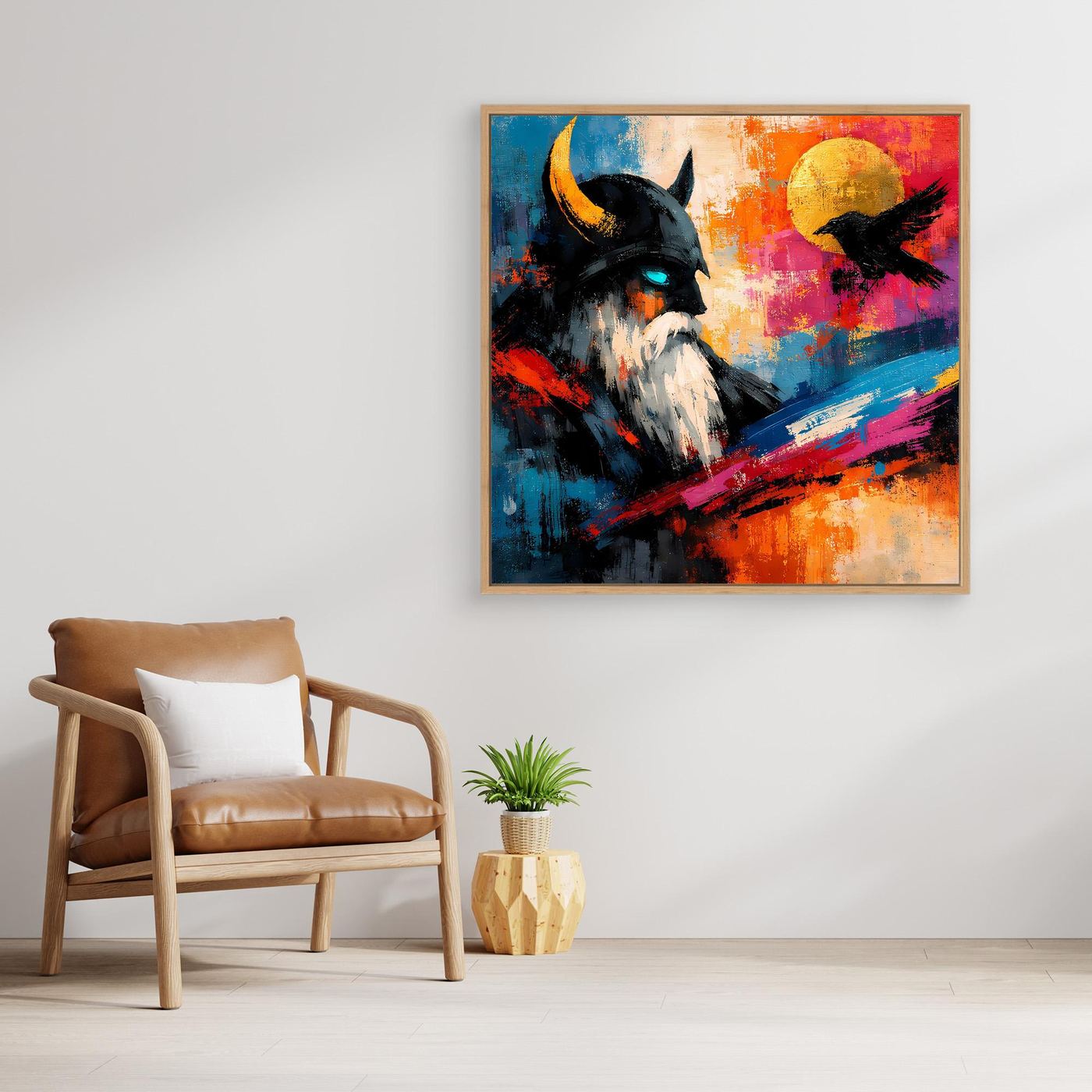 Abstraktes Leinwand-Wandbild von Odin mit Rabe, mit hellem Holzrahmen