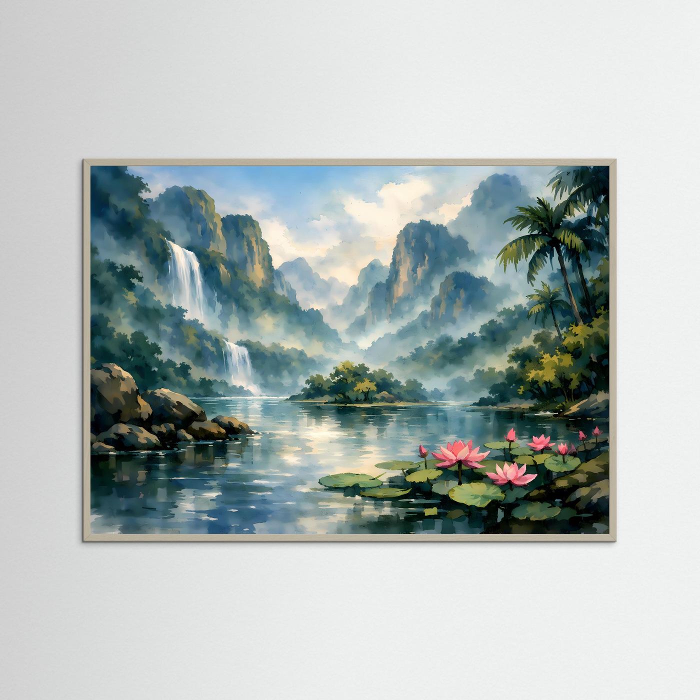 Querformatiger Kunst-Print im grauen Rahmen: Wasserfall, tropischer See mit Seerosen.