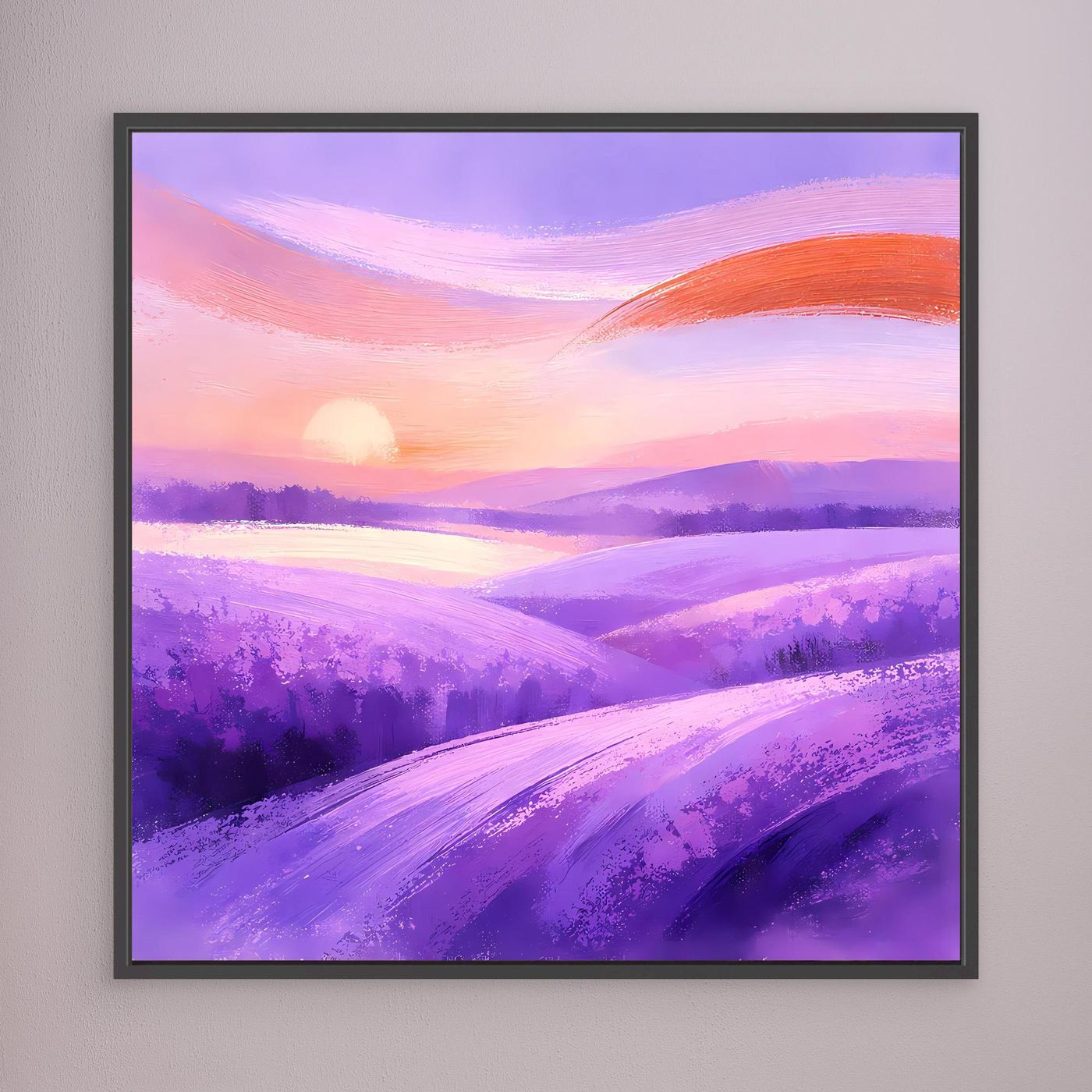 Leinwandbild mit abstraktem Lavendelfeld, violetten Wellen und orangefarbenem Himmel, schwarz gerahmt