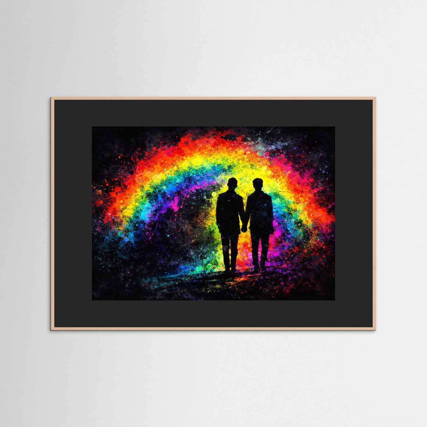 Wandbild im braunen Holzrahmen mit Regenbogenbogen und zwei stehenden Silhouetten
