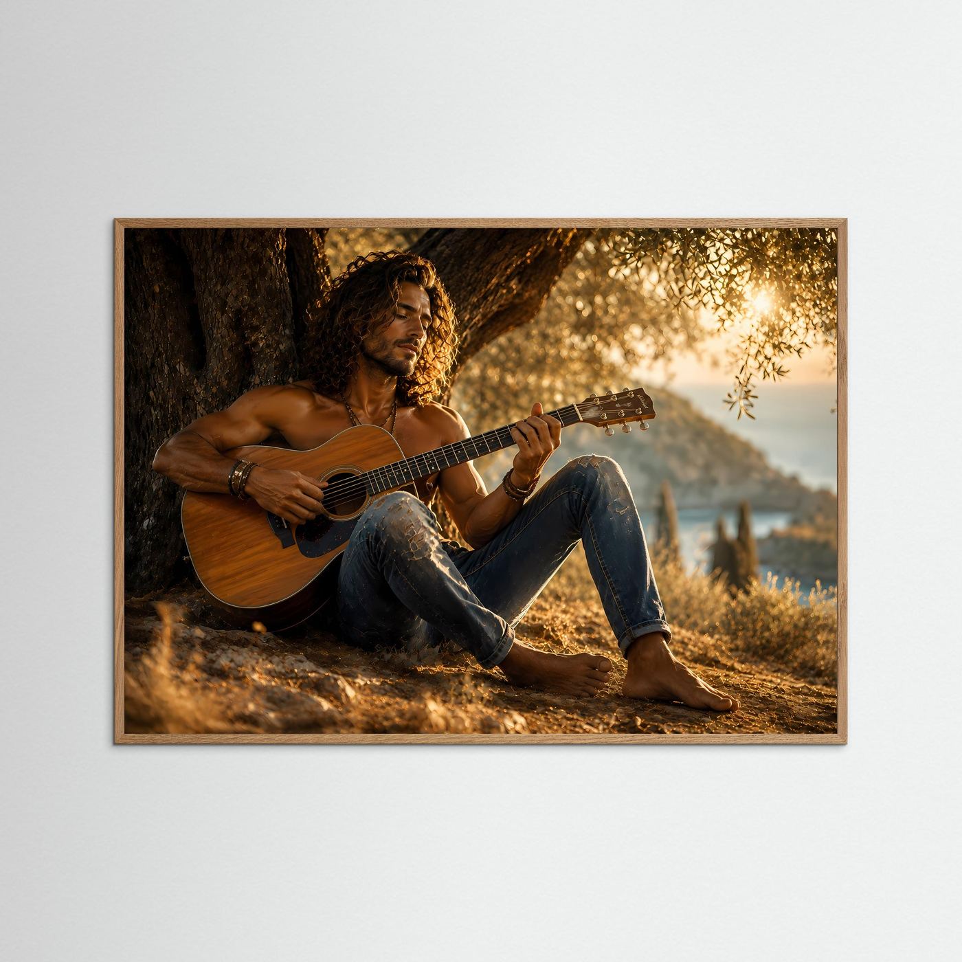 Querformat-Poster mit sitzendem Gitarristen und brauner Akustikgitarre, brauner Holzrahmen