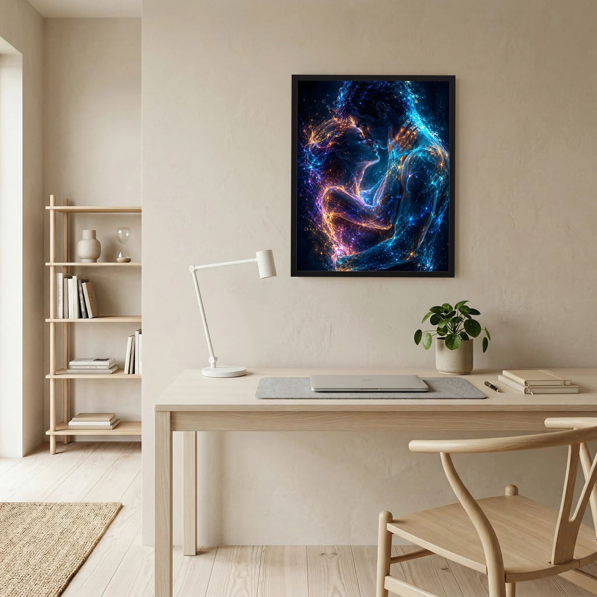 Schwarz gerahmtes Kunstposter mit leuchtendem Paar in Blau, Violett und Gold an der Wand