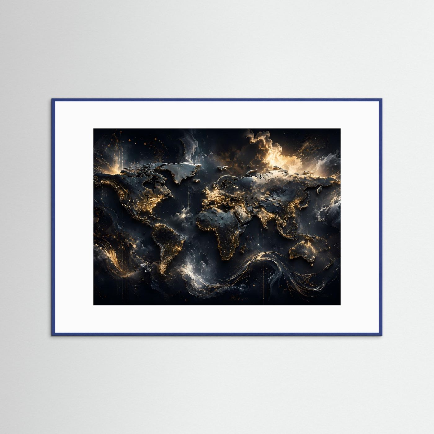 Weltkarte Gold Schwarz Poster | Moderne Weltkarte Wandbild | Luxus Fine Art | Abstrakte Landkarte | Panorama Leinwand