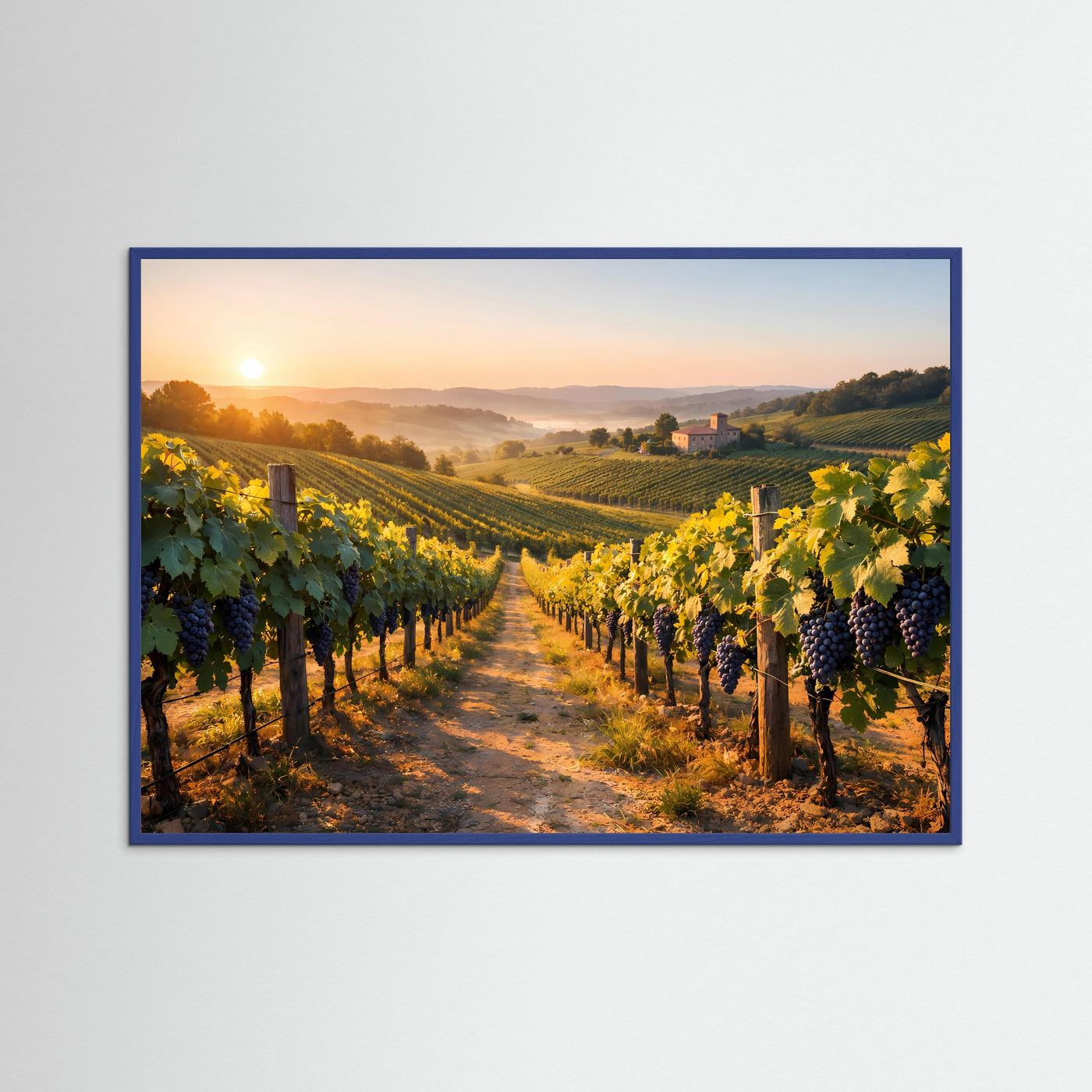 Querformat-Poster mit Weinberg-Pfad, Rebstöcken und aufgehender Sonne im blauen Rahmen