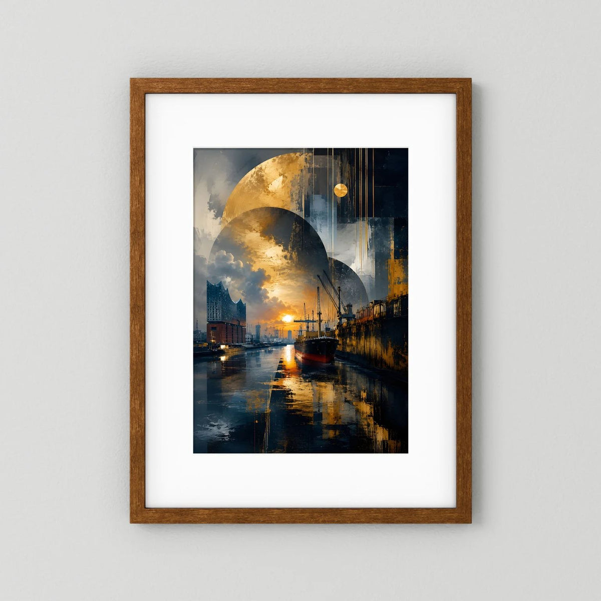 Poster im Hochformat mit abstraktem Hafenmotiv in Gold und Dunkelblau, Eichenrahmen