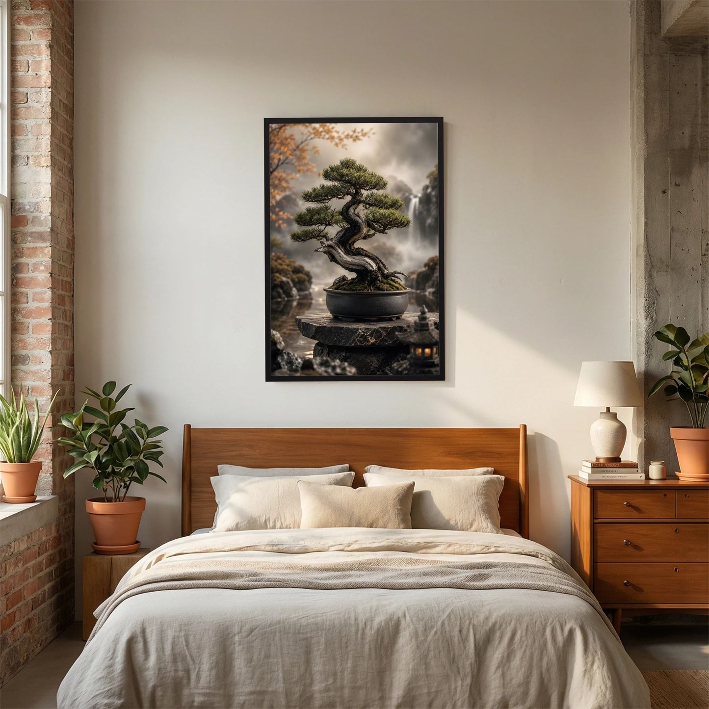 Bonsai-Baum-Poster im schwarzen Rahmen, Bonsai in Schale auf Stein vor Wasserfall