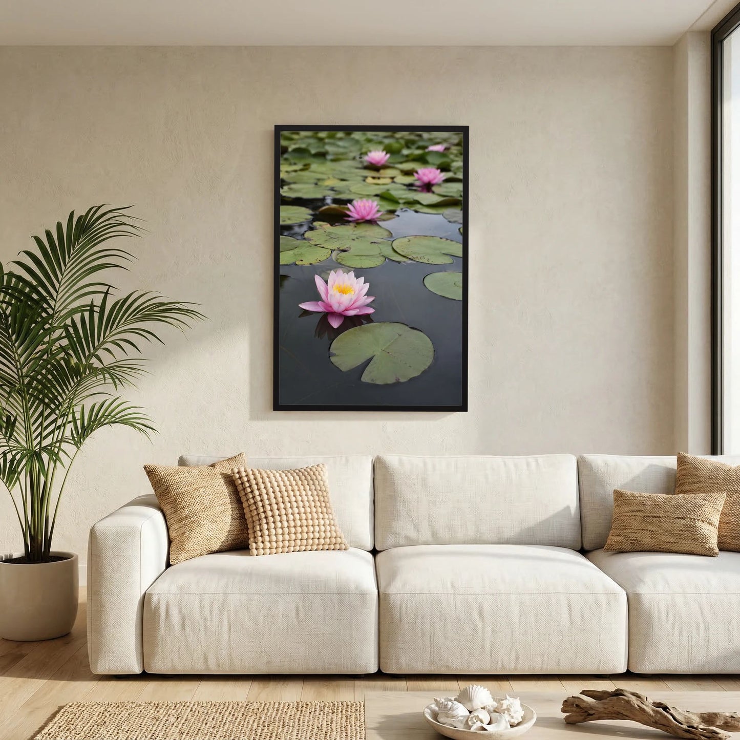 Kunstposter mit Seerosen im Teich, schwarzer Rahmen