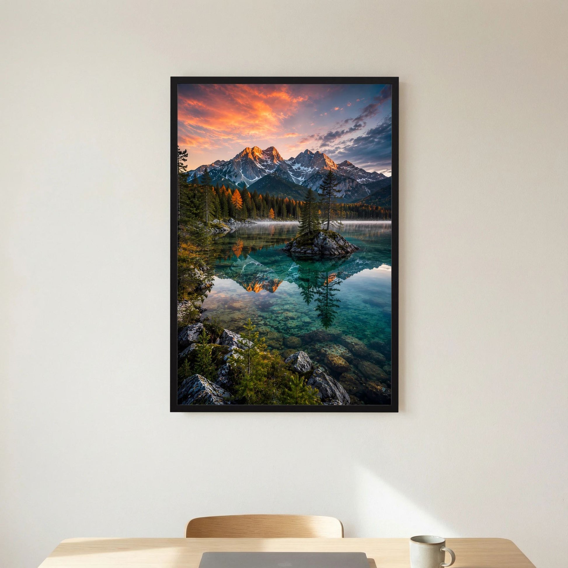 Kristallklarer Bergsee im Abendlicht | Bergpanorama mit Spiegelung | Poster Hochformat
