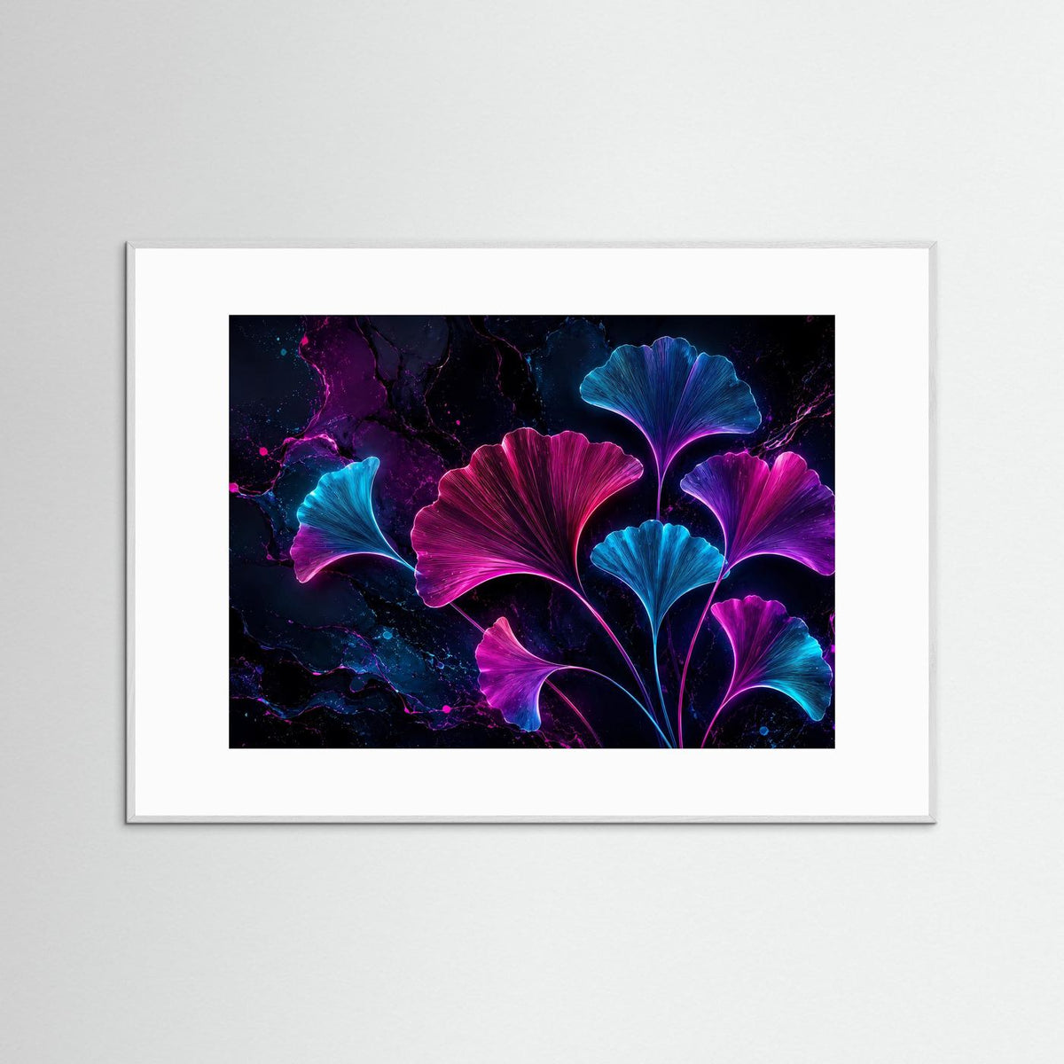 Abstraktes Ginkgo-Neonposter mit pinken und blauen Blättern, im weißen Passepartout