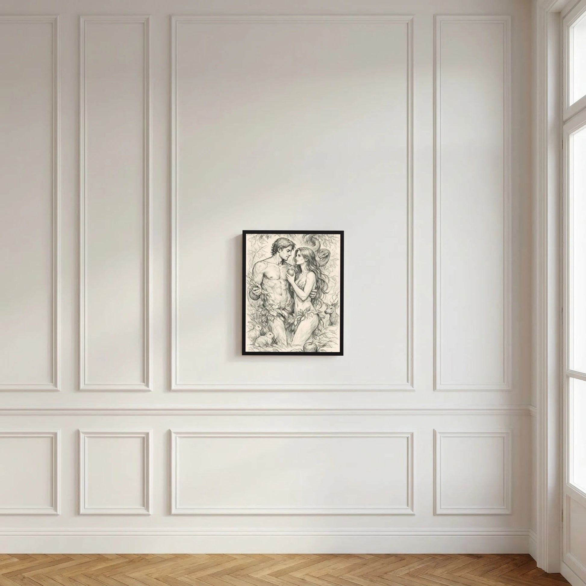 Gerahmtes Hochformat-Poster mit Bleistiftzeichnung von Adam und Eva, Schlange und Apfel