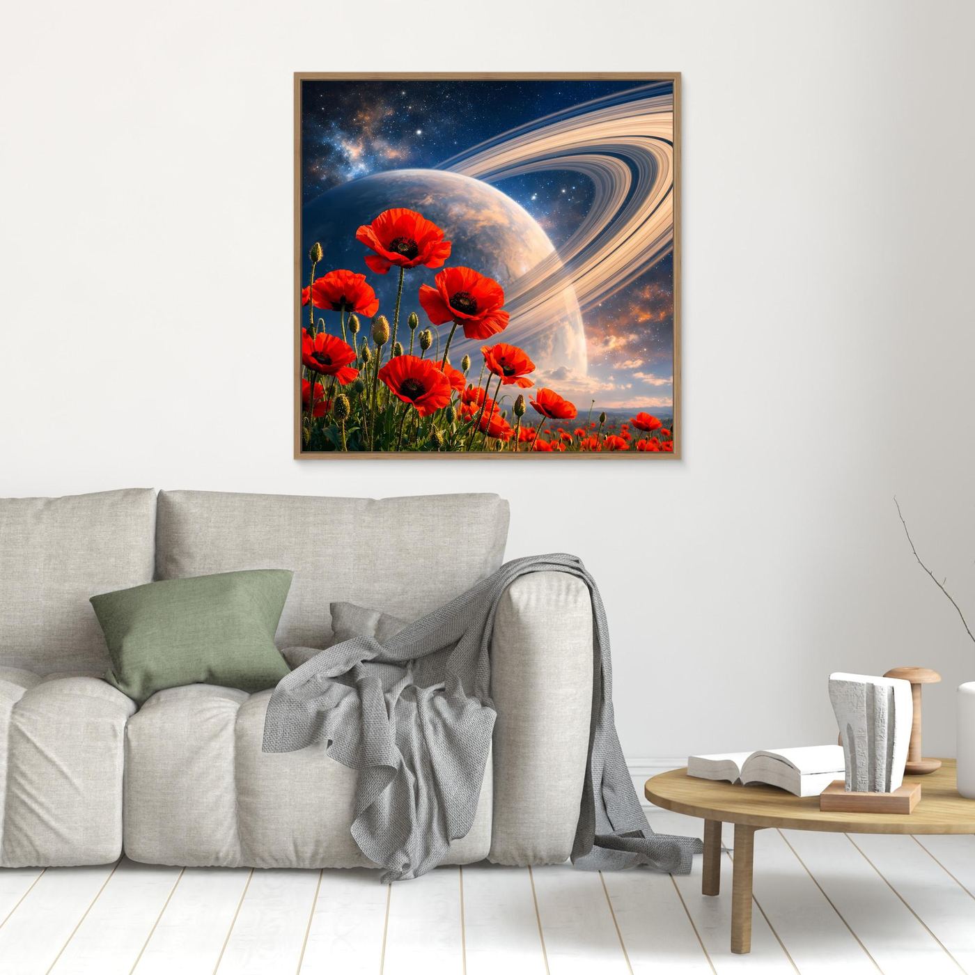 Leinwandbild mit roten Mohnblumen, Planet und Spiralnebel im Weltraum, brauner Rahmen