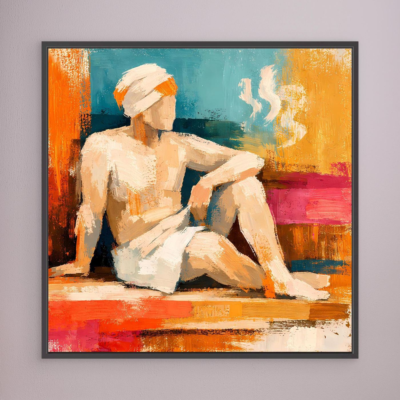 Abstract canvas wall art with seated figure, teal and orange paint, dark frame