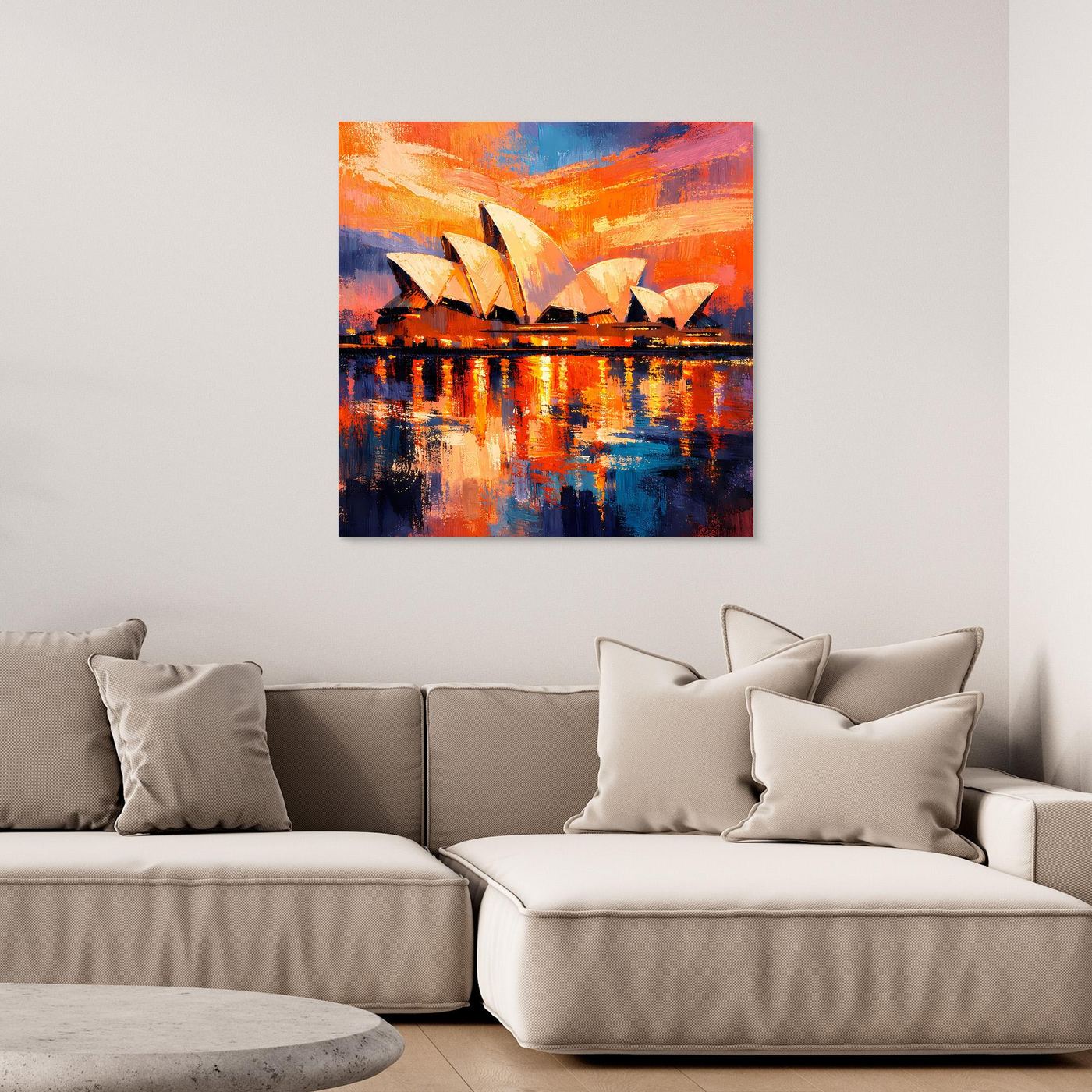 Wandbild mit abstrakter Darstellung der Sydney Opera House bei Sonnenuntergang, warmes Orange und Blau