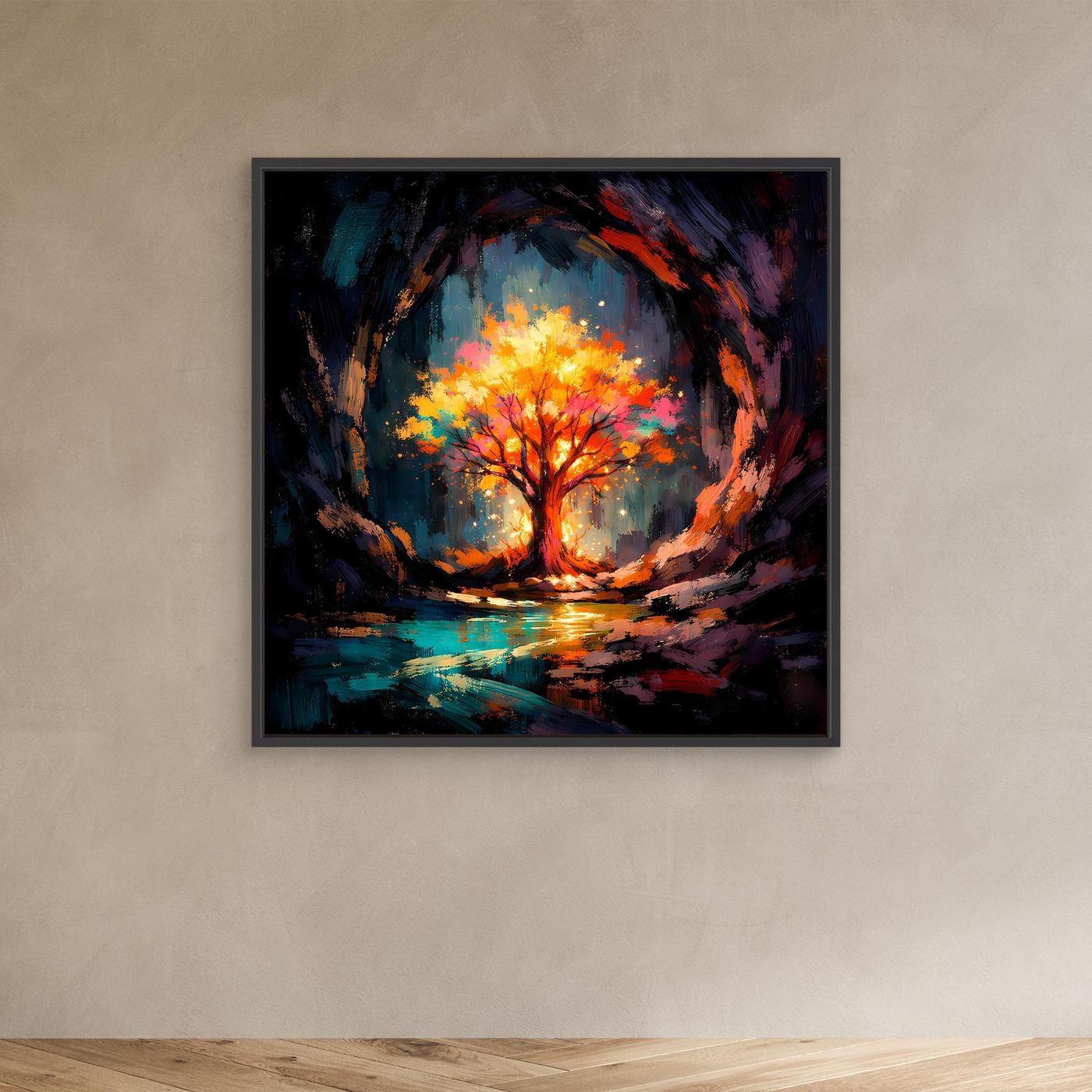 Abstract tree canvas wall art with black frame, glowing autumn tree and reflective colors