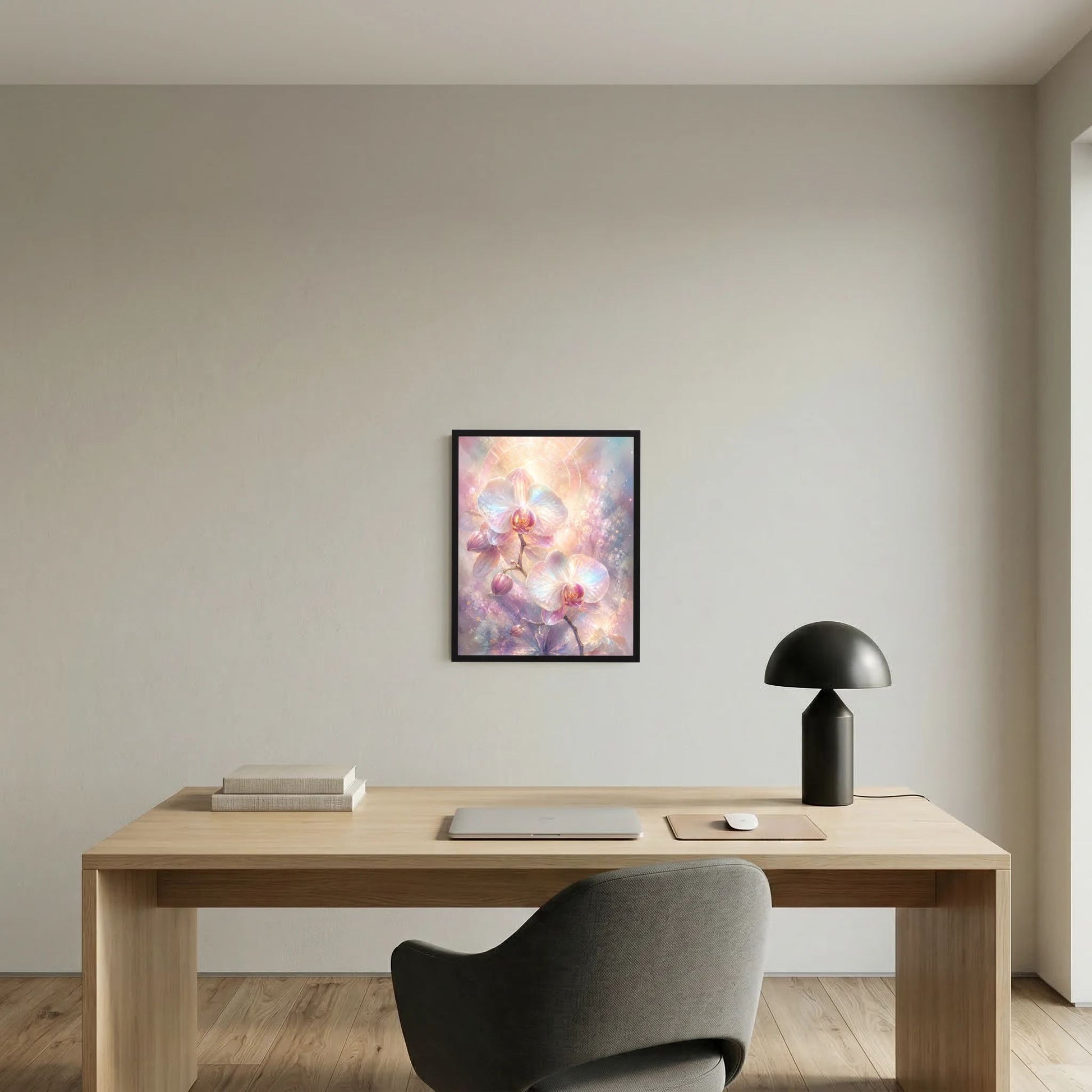 Büro-Wandposter im schwarzen Rahmen: pastellfarbene Orchideenblüten mit leuchtendem Kreis-Motiv