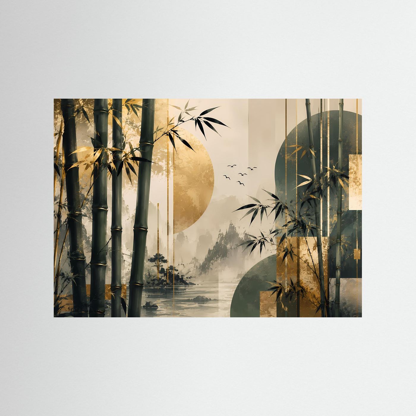 Poster im Querformat mit abstrakter Bambuslandschaft in Schwarz, Gold und Grün