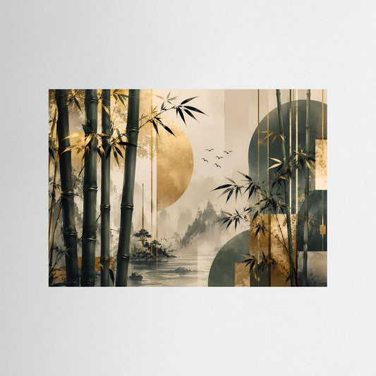 Poster im Querformat mit abstrakter Bambuslandschaft in Schwarz, Gold und Grün