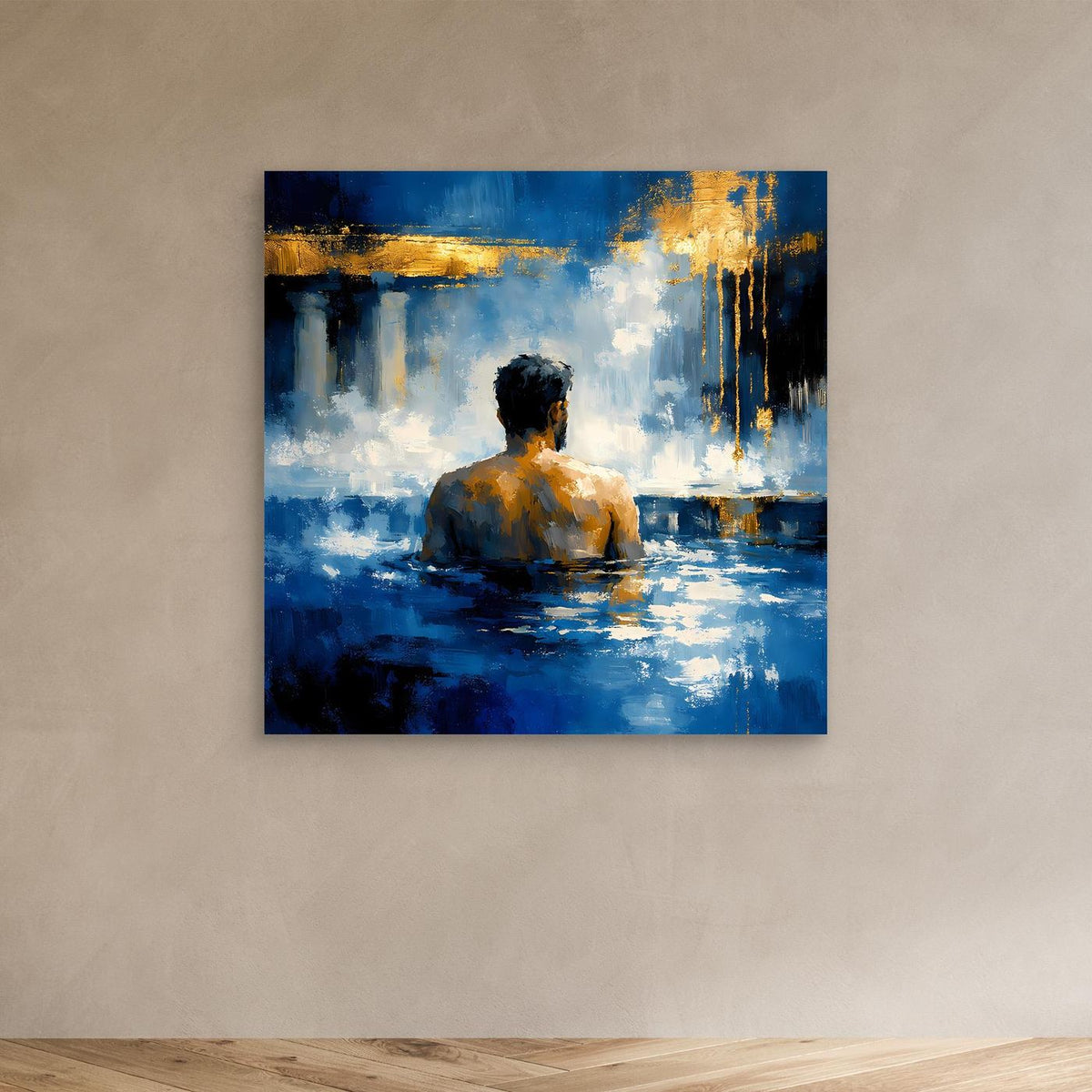 Leinwand-Wandbild: Rückenfigur im Bad, abstrakte Blau- und Goldstruktur
