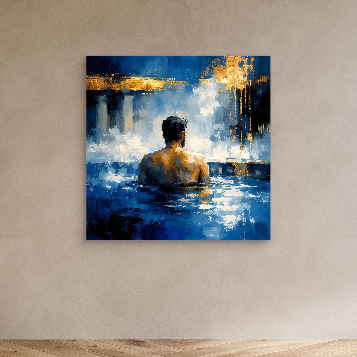 Leinwand-Wandbild: Rückenfigur im Bad, abstrakte Blau- und Goldstruktur
