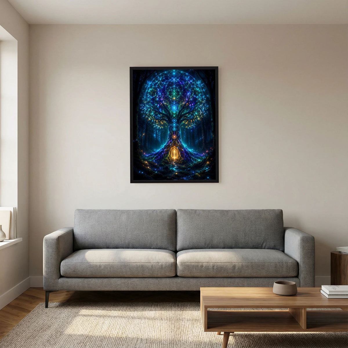 Hochformat-Poster mit schwarzem Rahmen und sternenhaftem Baumportal in Blau