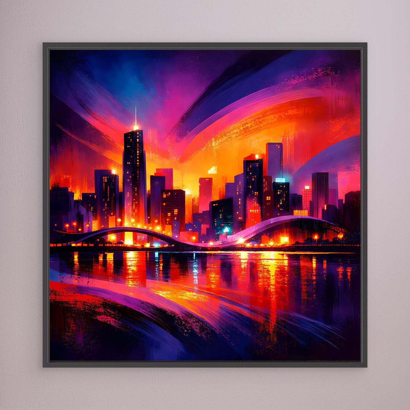 Großstadt-Wandbild mit Skyline bei Nacht, dunkel gerahmt, farbintensiver Neon-Look