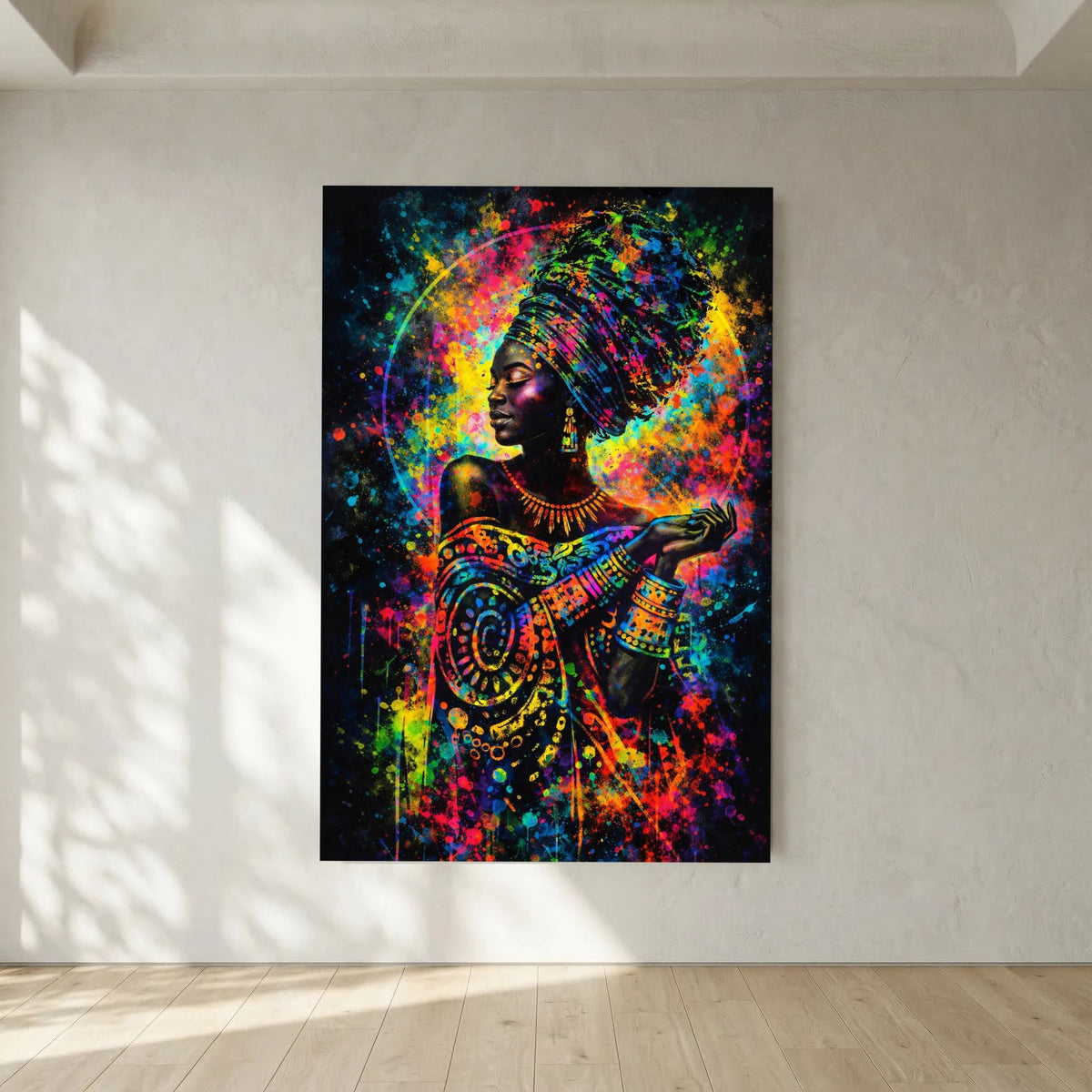 Wandbild mit abstrakter Frauenfigur, farbige Spritzergrafik, schwarzer Rahmen