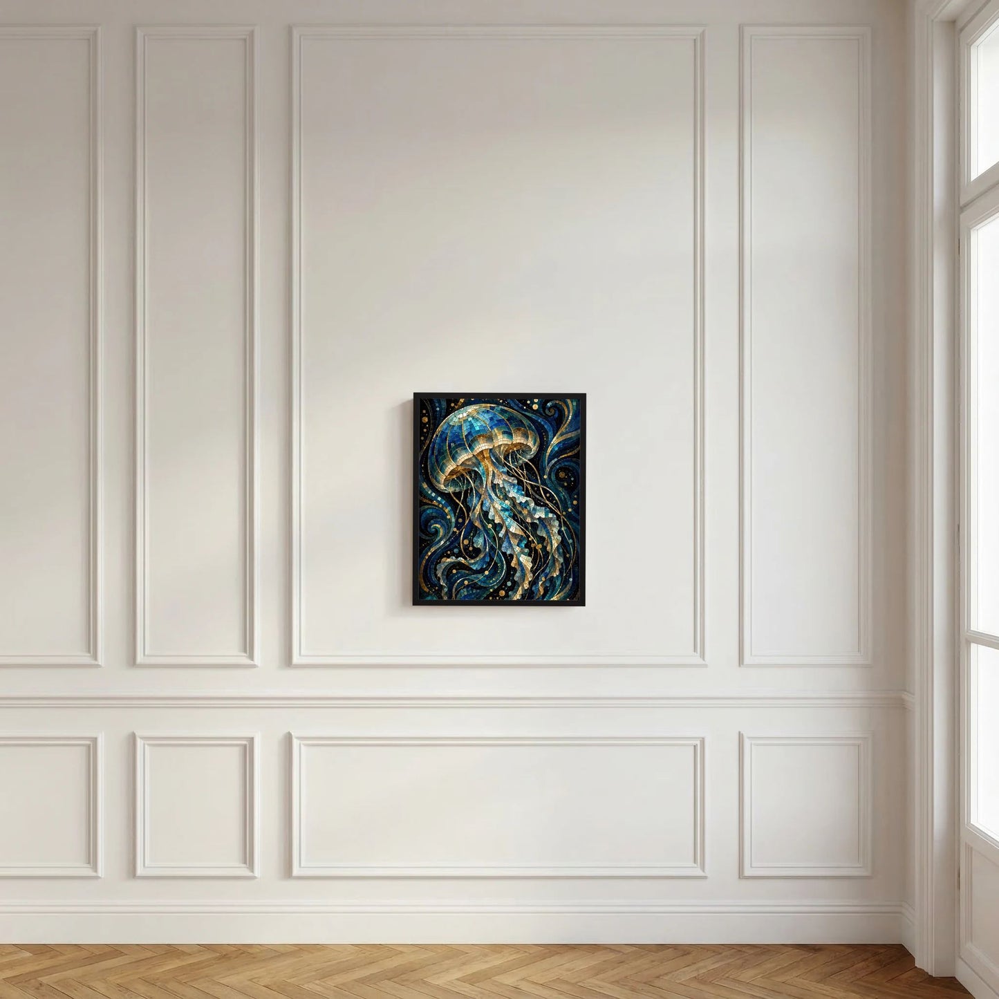Gerahmtes Wandposter mit Mosaik-Quallen in Blau und Gold, schwarze Einfassung