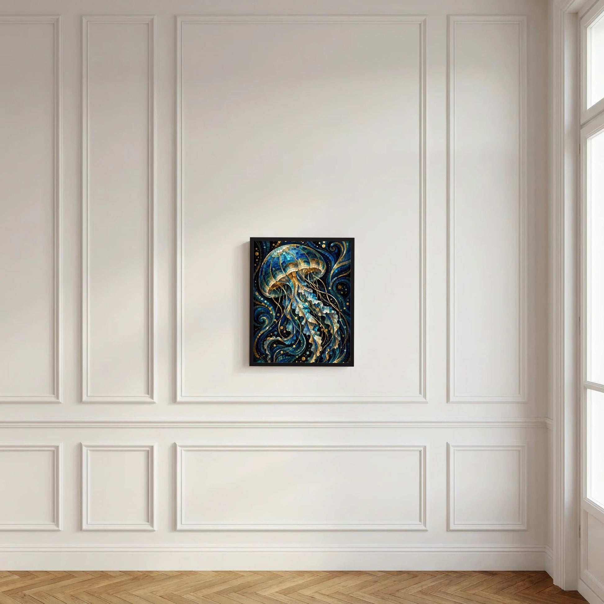 Gerahmtes Wandposter mit Mosaik-Quallen in Blau und Gold, schwarze Einfassung