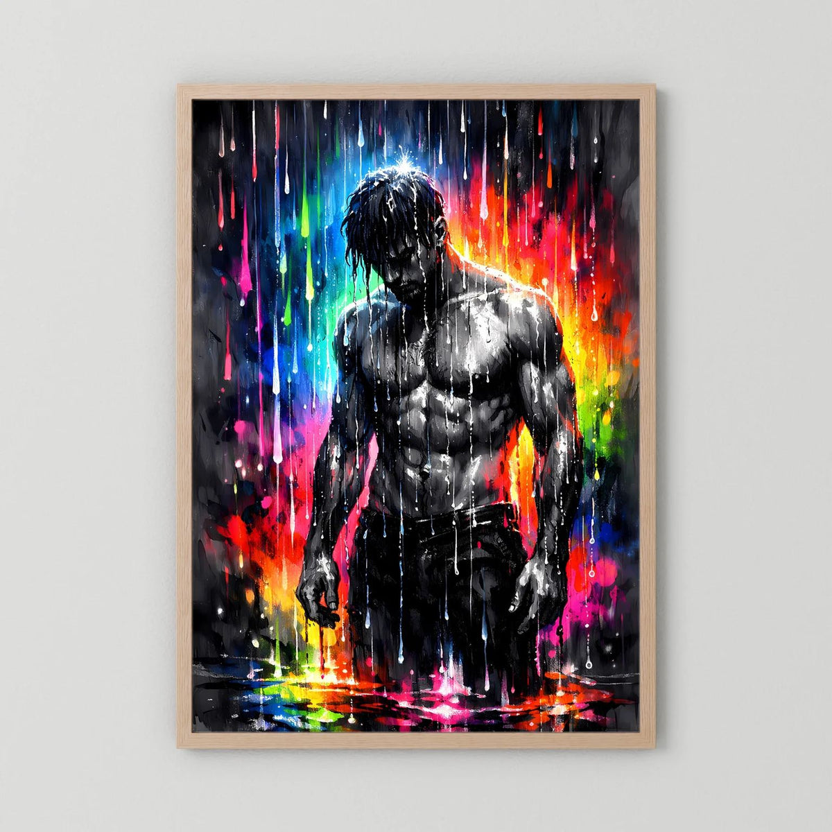 Wandbild im Hochformat mit muskulösem Mann in Schwarz, Neon-Farbspritzern, Holzrahmen natur