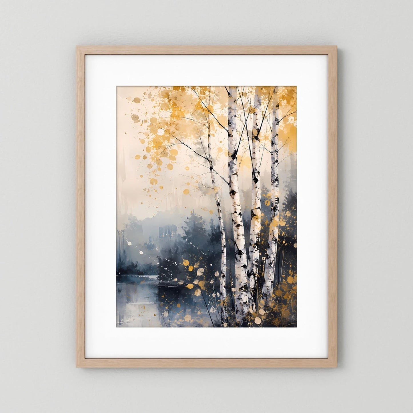 Hochformat-Poster mit abstrakten Birken am See, goldene Sprenkel, Holzrahmen hell