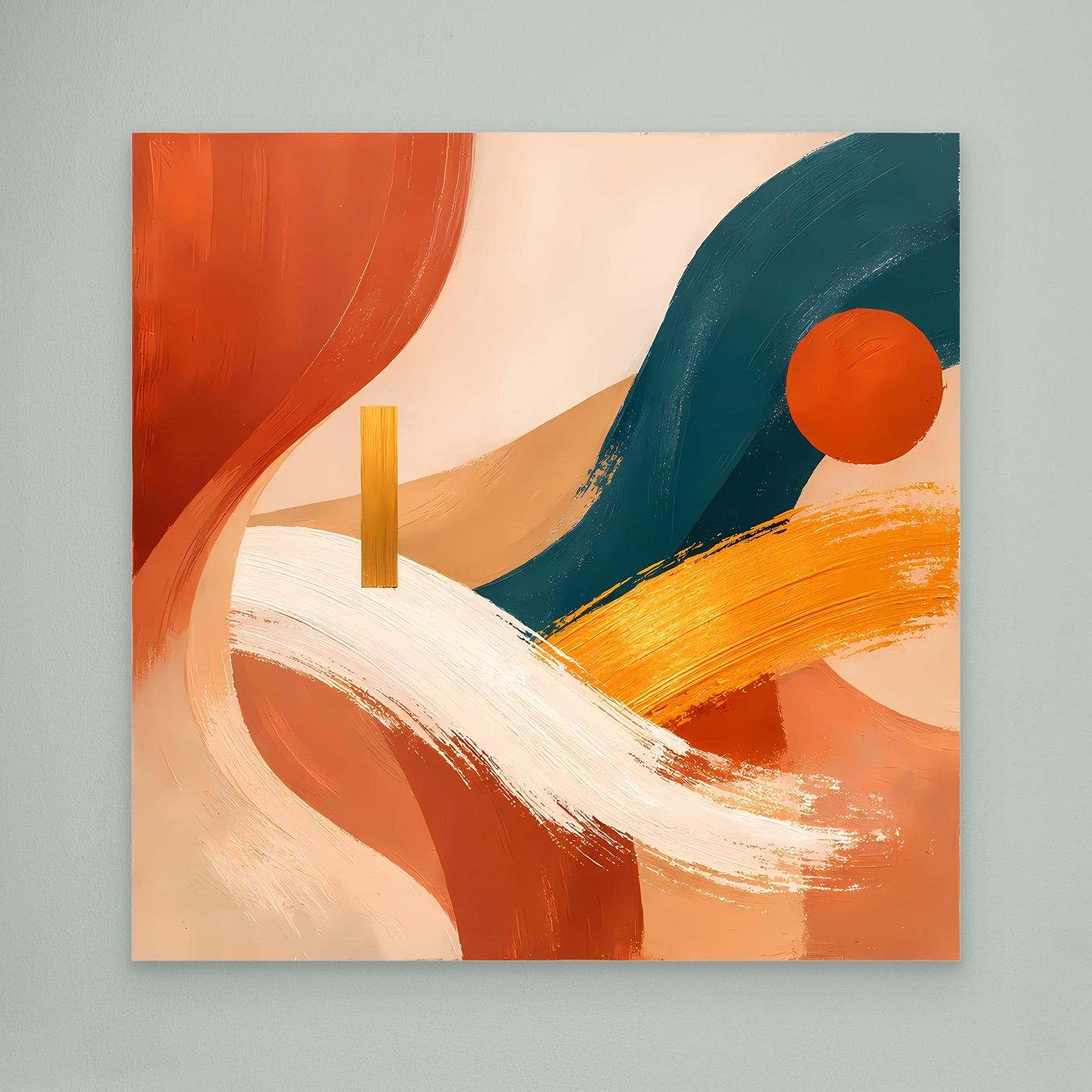 Abstraktes Boho-Wandbild auf Leinwand mit Terrakotta, Petrol und Orange-Punkt