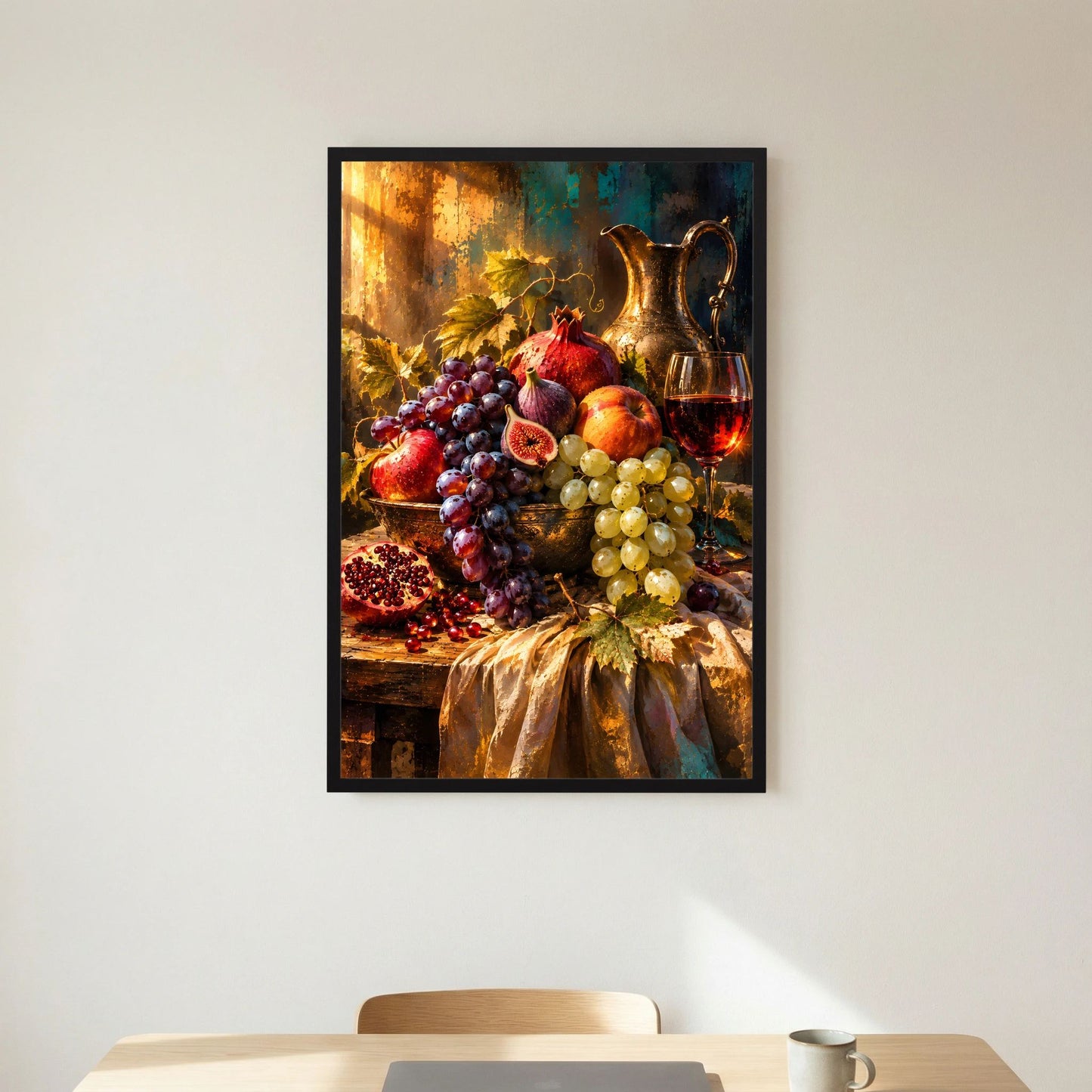Hochformatiges Poster mit Trauben und Traubentrauben, Feigen, Granatapfel, goldener Stimmung.