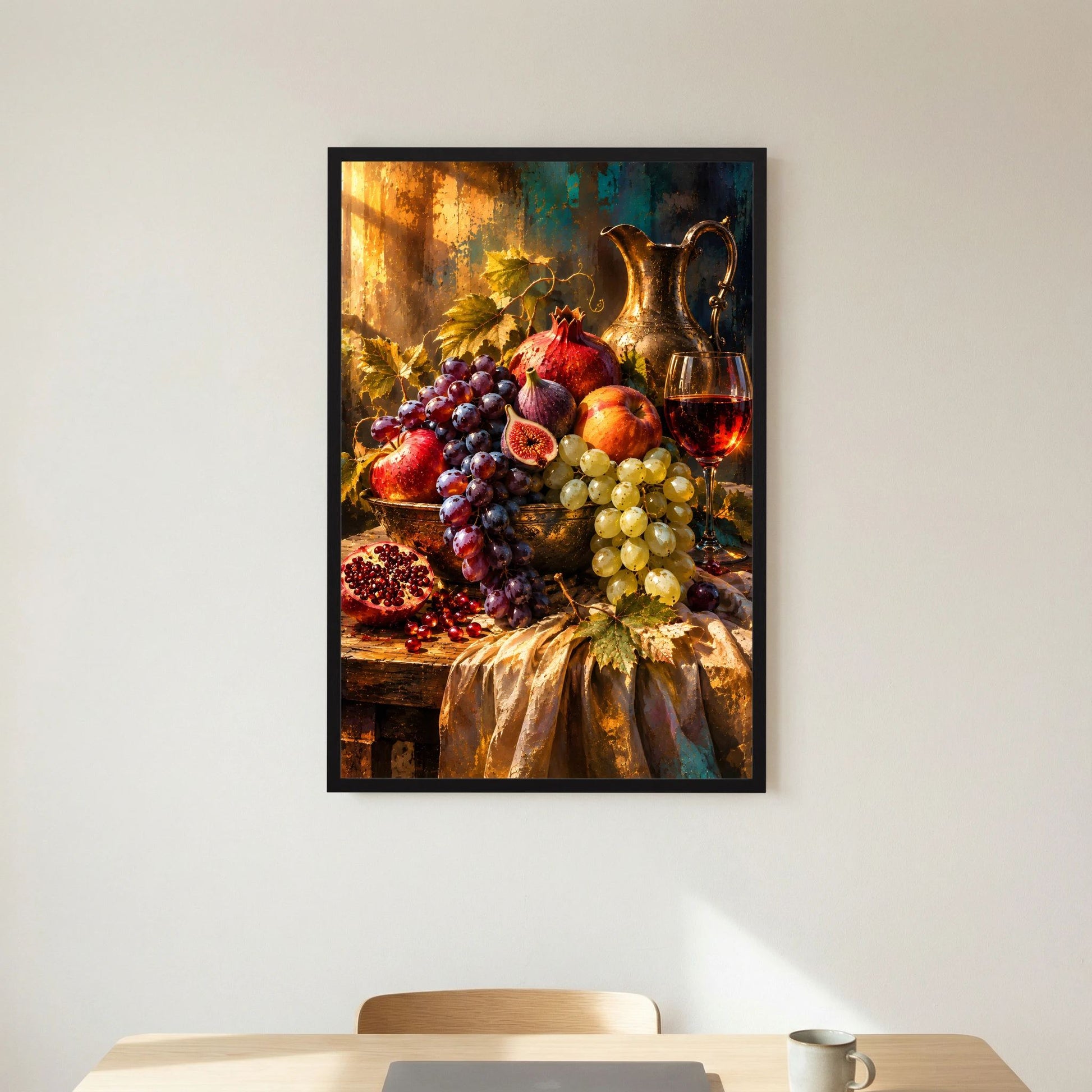 Hochformatiges Poster mit Trauben und Traubentrauben, Feigen, Granatapfel, goldener Stimmung.