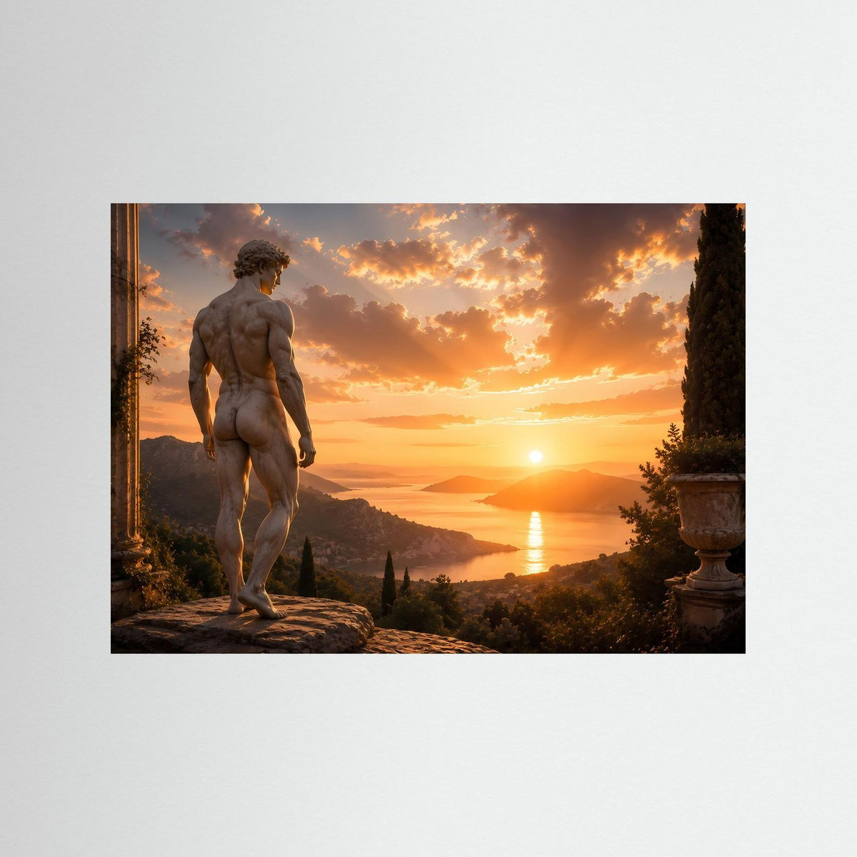 Poster im Querformat mit klassischer Männerstatue: nackte Figur auf Felsweg in Landschaft