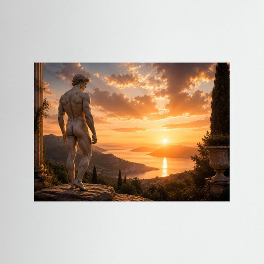 Poster im Querformat mit klassischer Männerstatue: nackte Figur auf Felsweg in Landschaft