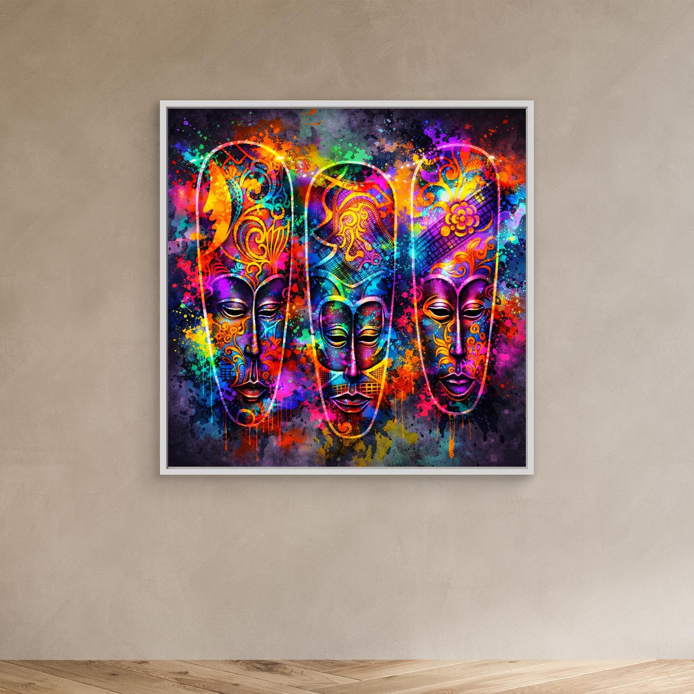 Leinwandbild mit drei bunten Neon-Masken, im weißen Rahmen an der Wand