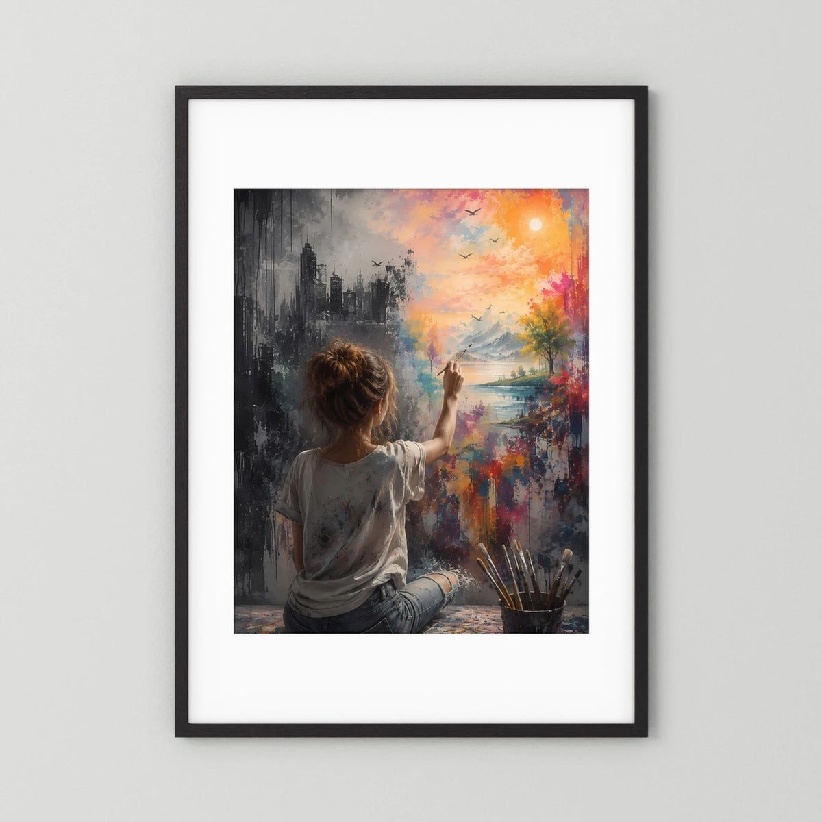 Hochformatiges Poster mit schwarzem Rahmen und weißem Passepartout, Motiv: Frau beim Malen