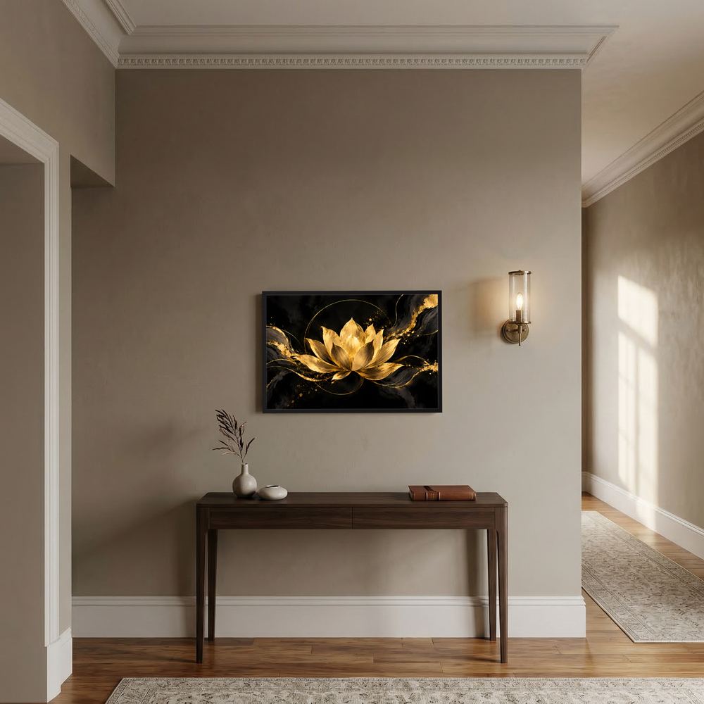 Querformat-Poster mit goldener Lotusblüte auf dunklem Hintergrund im schwarzen Rahmen