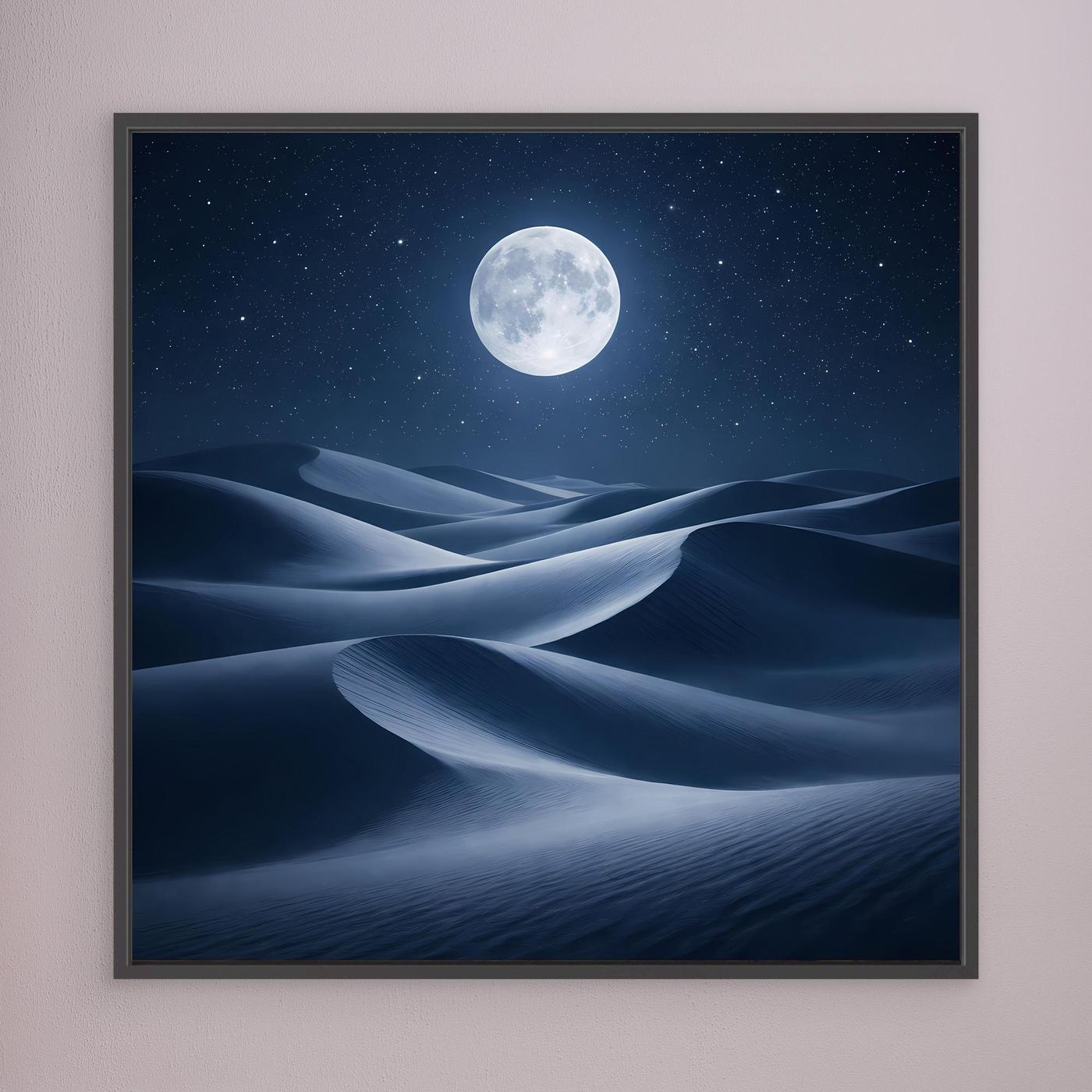 Quadratisches Leinwandbild: Vollmond über Wüstendünen, schwarzer Rahmen