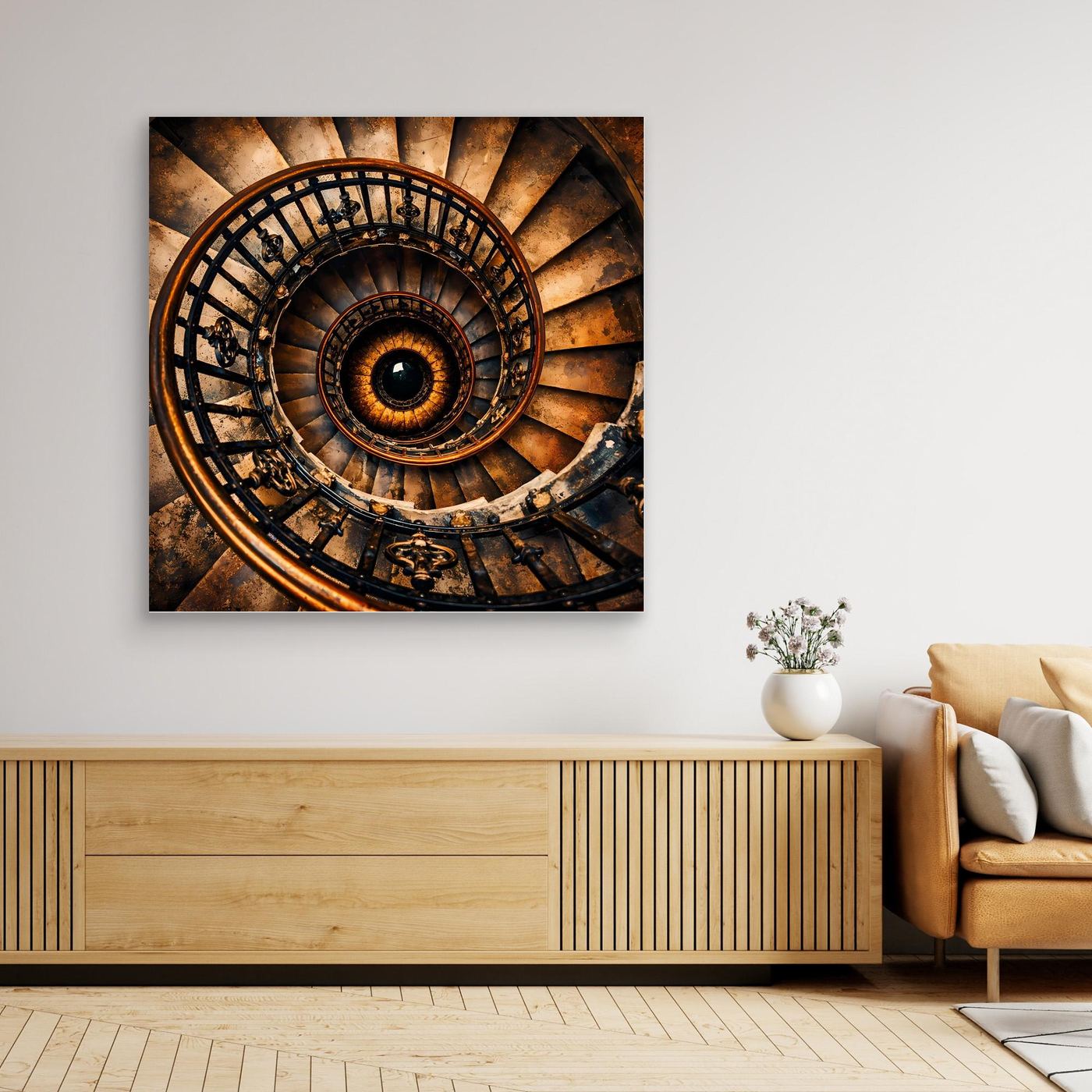 Leinwandbild mit historischer Wendeltreppe, braun-goldenes Spiralmotiv im dunklen Rahmen